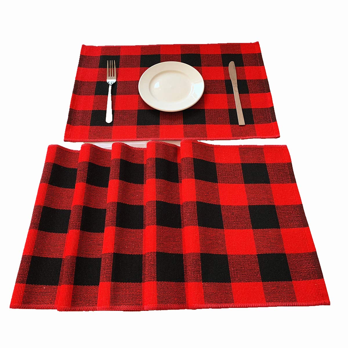 UKELER 6-Pack Buffalo Check Plaid Placemats - 100% Cotton Woven Washable Heat-Resistant Table Mats for Kitchen Dining (Red & Black) | Perfect for Holiday Dinners, Parties & Everyday Use