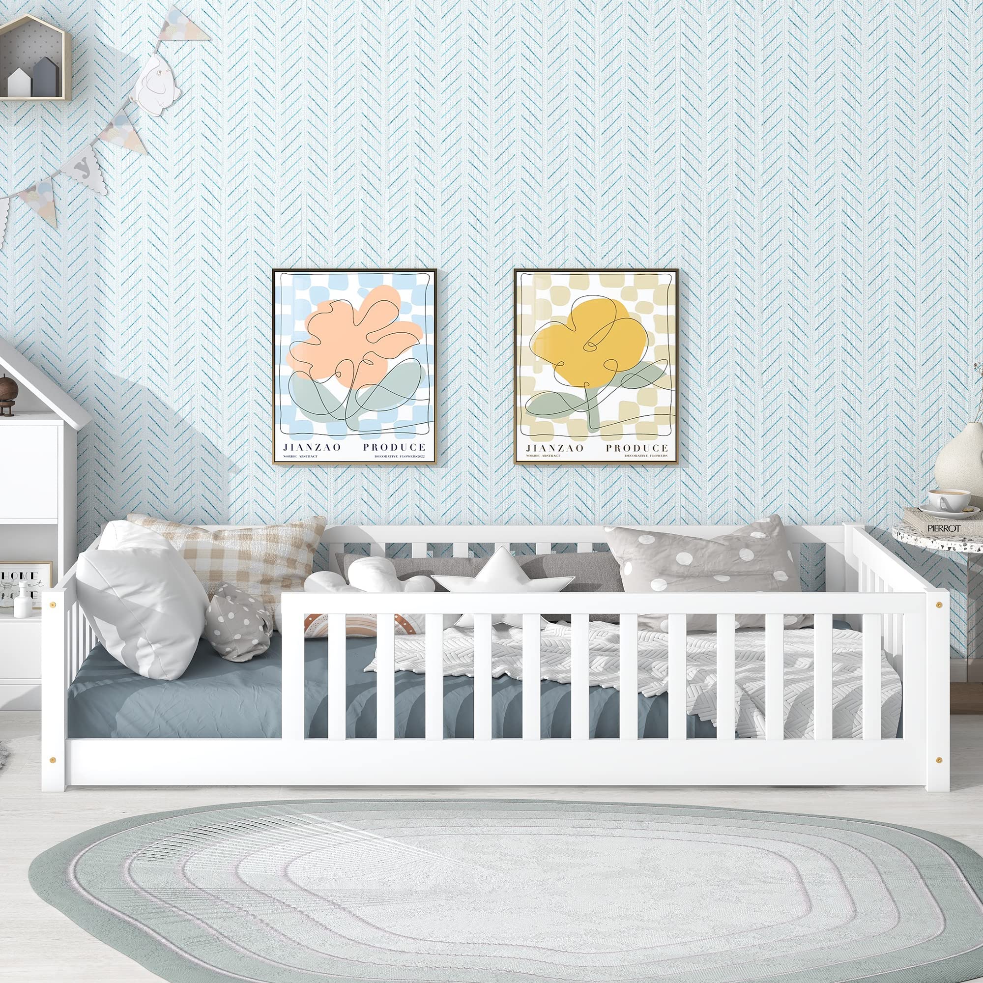 Montessori Twin Size Toddler Floor Bed Frame with Safety Fence & Wood Slats - White Wooden Low Bed for Kids, Girls & Boys - No Box Spring Needed - Perfect for Montessori Rooms, Daycare Centers & Safe Toddler Sleeping Spaces