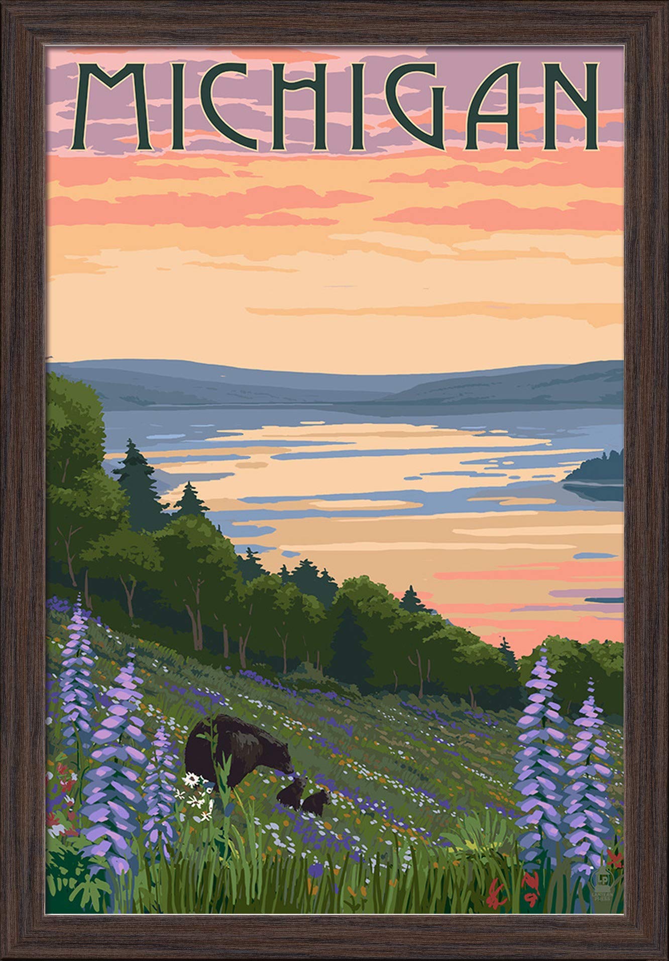 Michigan Lake and Bear Family Art Print - 16x24 Giclee Fine Art on Recycled Wood Frame in Espresso Brown - Perfect for Cabin, Lodge, or Nature-Themed Home Decor