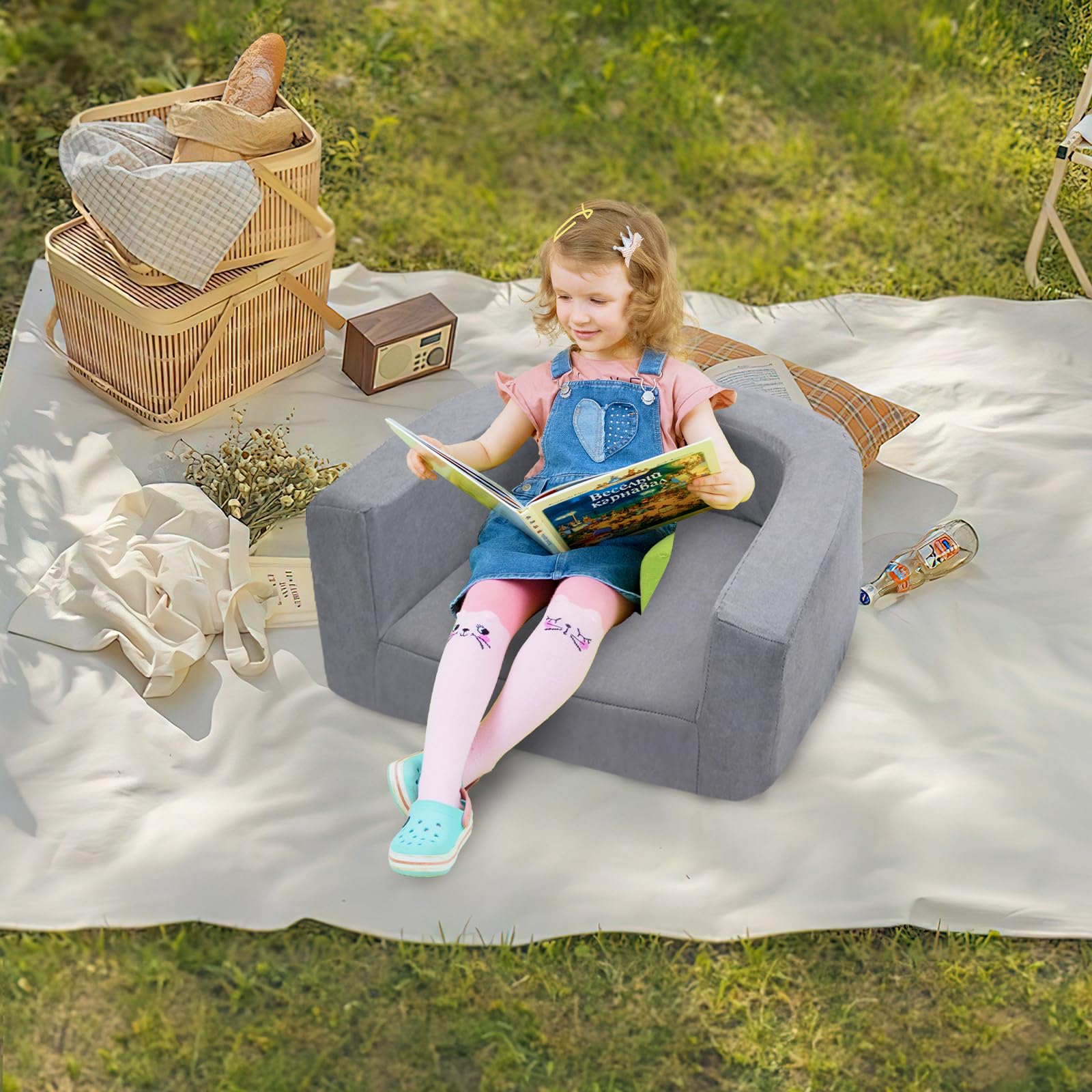 2 in 1 Portable Toddler Travel Bed & Convertible Sofa - Foldable Travel Crib for Kids 1-6 Years Old, Lightweight Floor Cot & Toddler Bed for Baby, Size L, Grey - Perfect for Camping, Air Travel & Playroom Nap Time
