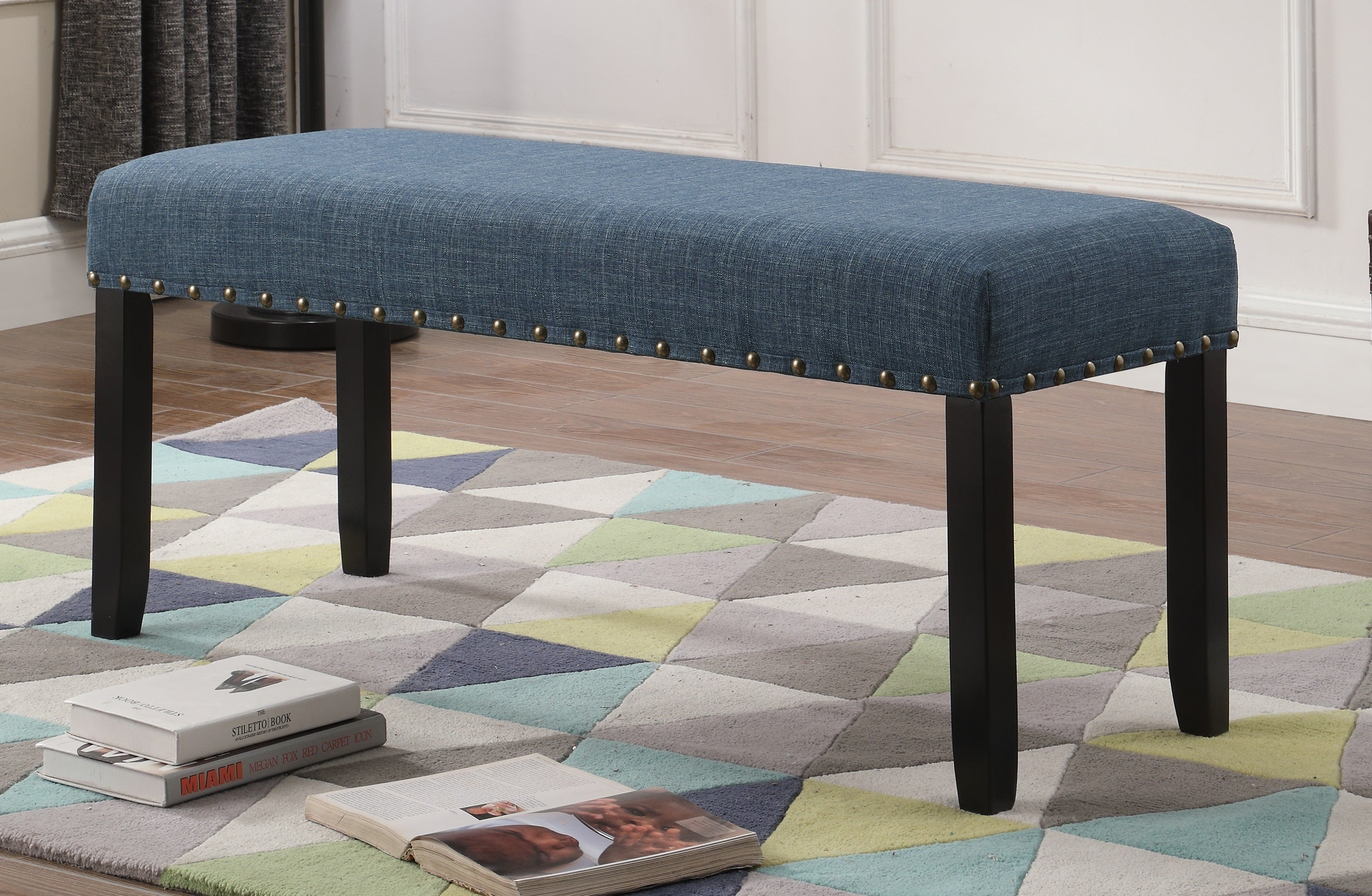 Roundhill Furniture Biony Fabric Dining Bench with Nailhead Trim - Upholstered Seat, Sturdy Wood Frame, Blue - Perfect for Kitchen, Dining Room, Breakfast Nook & Entryway Seating