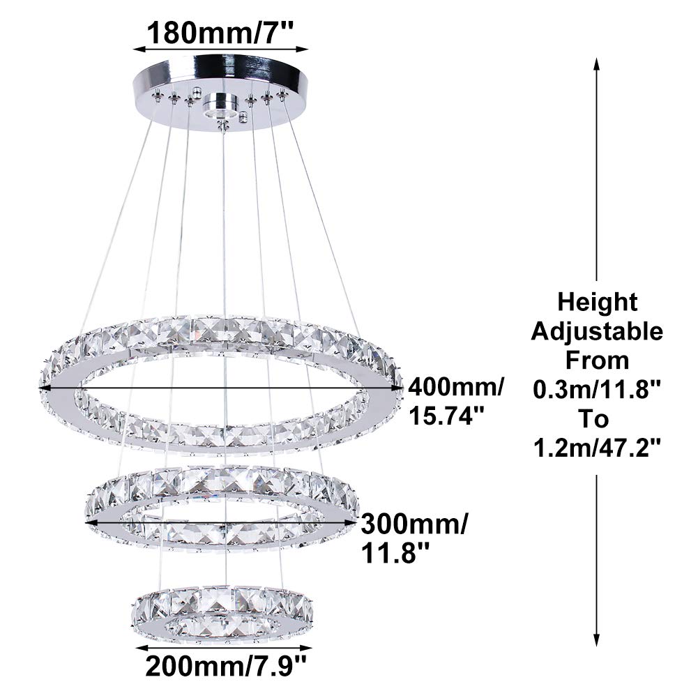Dixun Modern 3-Ring Adjustable LED Chandelier - Stainless Steel Pendant Ceiling Light Fixture for Bedroom, Living Room, Dining Room - Cool White Lighting for Home Decor & Interior Design