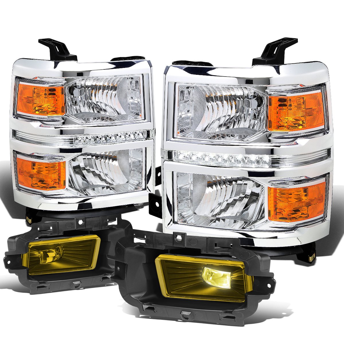 Auto Dynasty Chrome Housing Amber DRL Headlights + Amber Fog Lights Kit for Chevy Silverado 1500 (2007-2018) - Easy Installation & Switch Included | Upgrade Your Truck Lighting for Night Driving & Off-Road Adventures