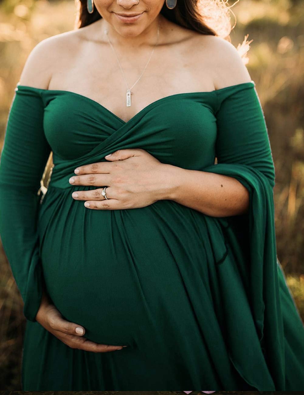 VSNOW Maternity Photoshoot Dress - Elegant Off Shoulder Drop Sleeve Maxi Gown with Side Slit for Pregnancy Photography, Baby Shower & Maternity Portraits