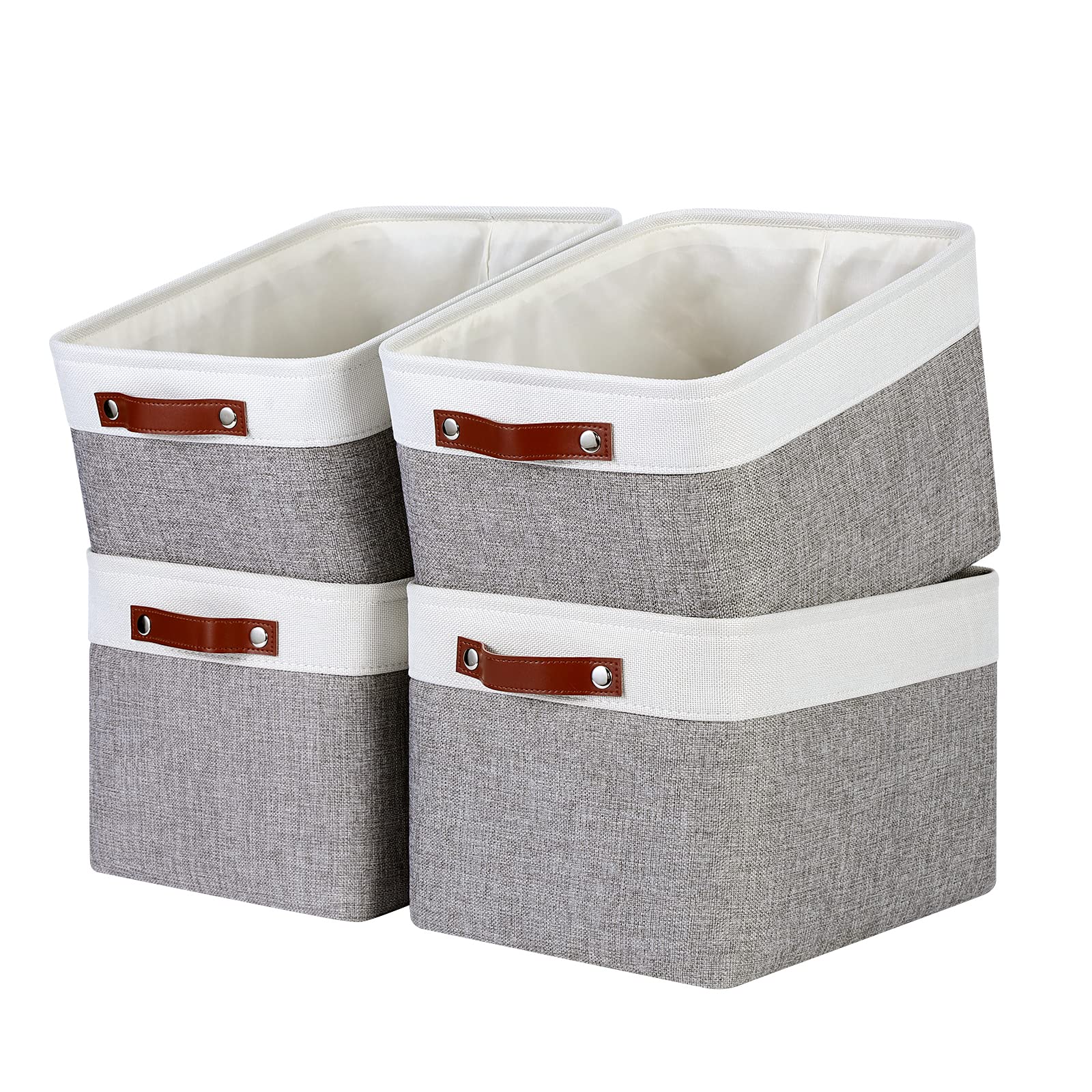Ecegeva Large Rectangular Storage Baskets with Leather Handles - Organize Toys, Towels, Books in Shelves, Closet, Laundry & Nursery - Decorative Woven Storage Bin for Home Organization (White & Grey) - Perfect for Bedroom, Bathroom & Kids Room Storage Solutions