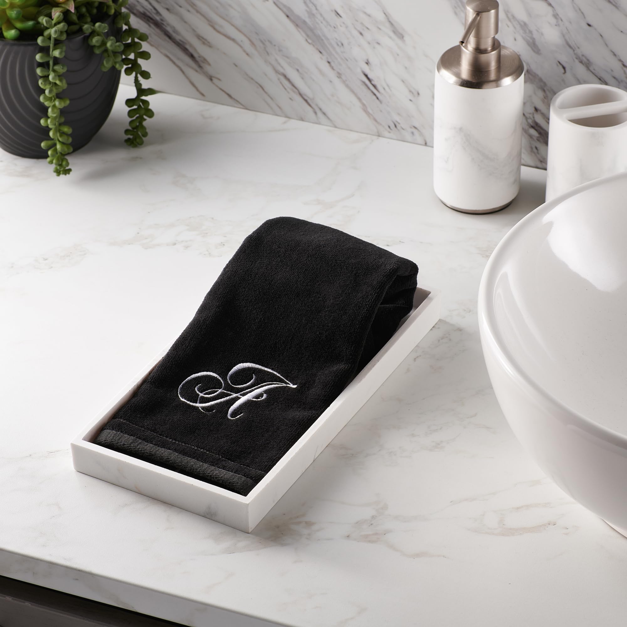 Personalized Monogrammed Towels Set of 2 - 11x18 Inch Extra Absorbent 100% Cotton Fingertip Towels with Soft Velour Finish - Initial R Embroidery in Black - Perfect for Bathroom, Kitchen, Spa & Thoughtful Gift Giving