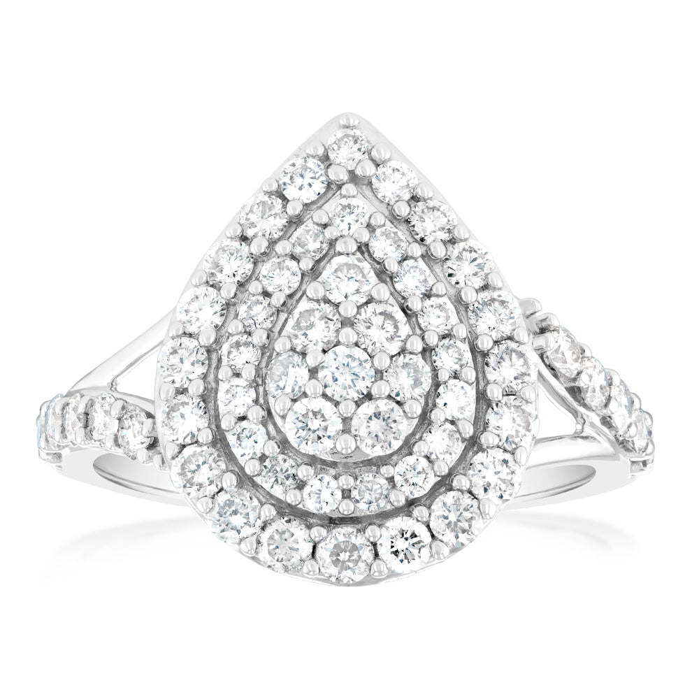 9ct White Gold 1 Carat Diamond Pear Shape Cluster Ring for Women - Elegant Engagement, Wedding & Anniversary Jewelry Gift