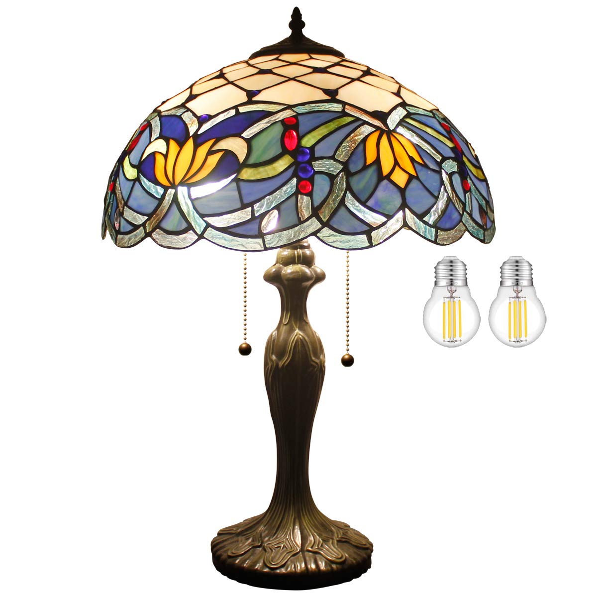 Tiffany Style Stained Glass Table Lamp - Blue Lotus Design, 16x16x24 Inches, Metal Base for Bedroom, Living Room, Home Office (S220 Series) | Perfect for Reading, Nightstand Decor & Cozy Ambiance Lighting