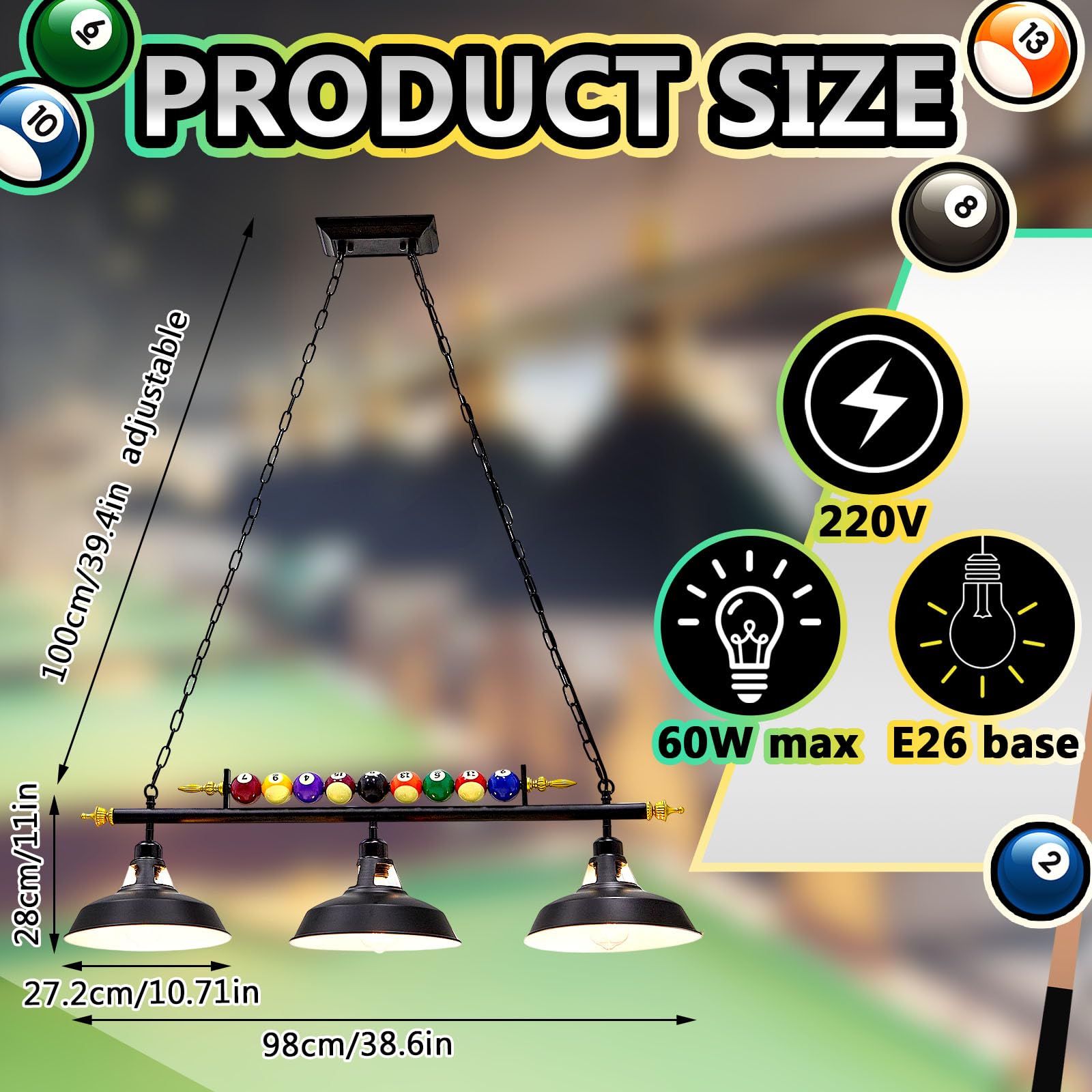 Adjustable Hanging Pool Table Lights for 7-8 Foot Billiards - 3-Light Fixture with Metal Shades, Game Room Lighting, Basement, Man Cave, and Bar Decor (Bulbs Not Included)