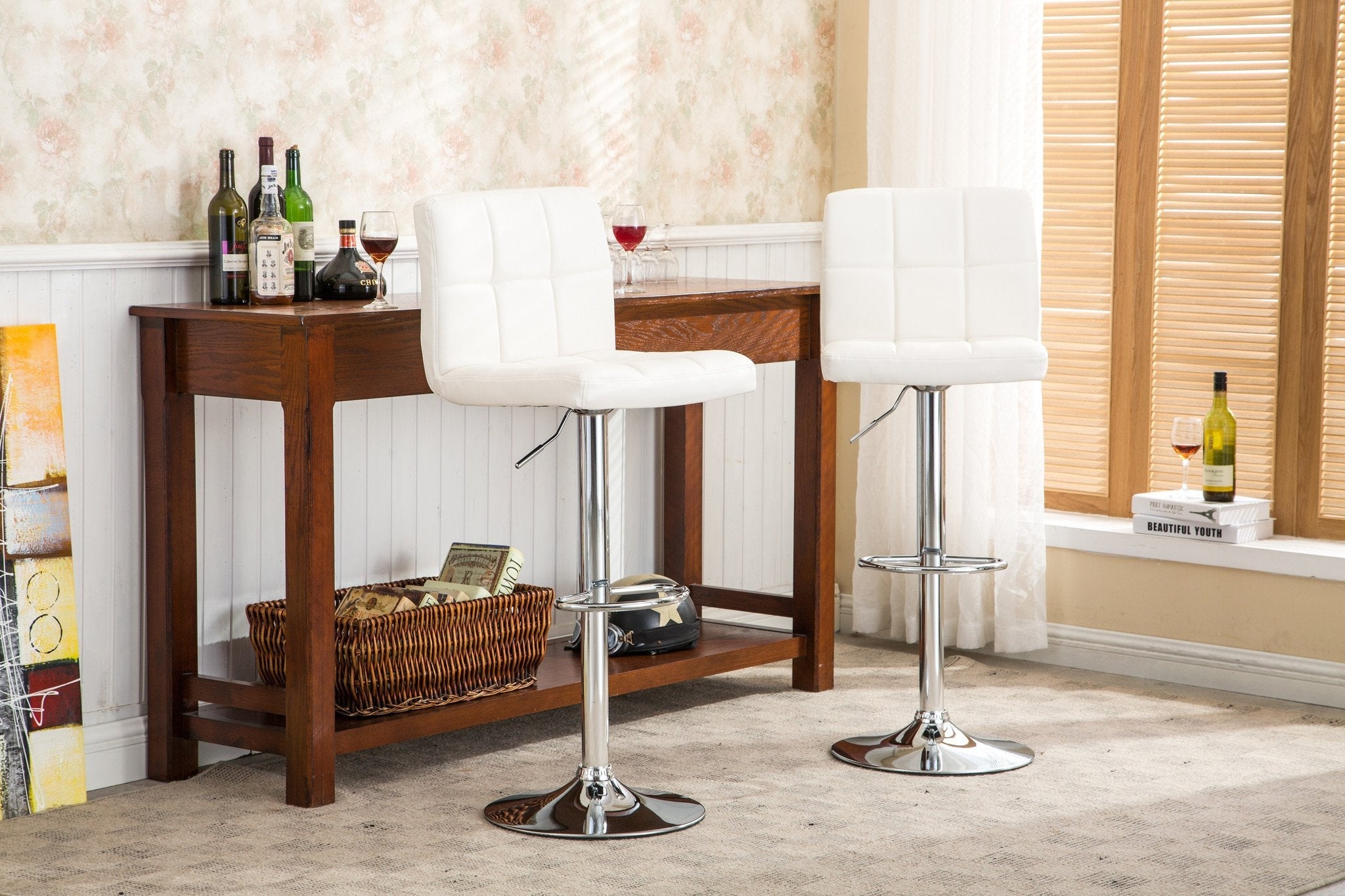 Premium PU Leather Modern Adjustable Hydraulic Swivel Bar Stools - Set of 2, White - Perfect for Kitchen Islands, Home Bars & Contemporary Dining Spaces