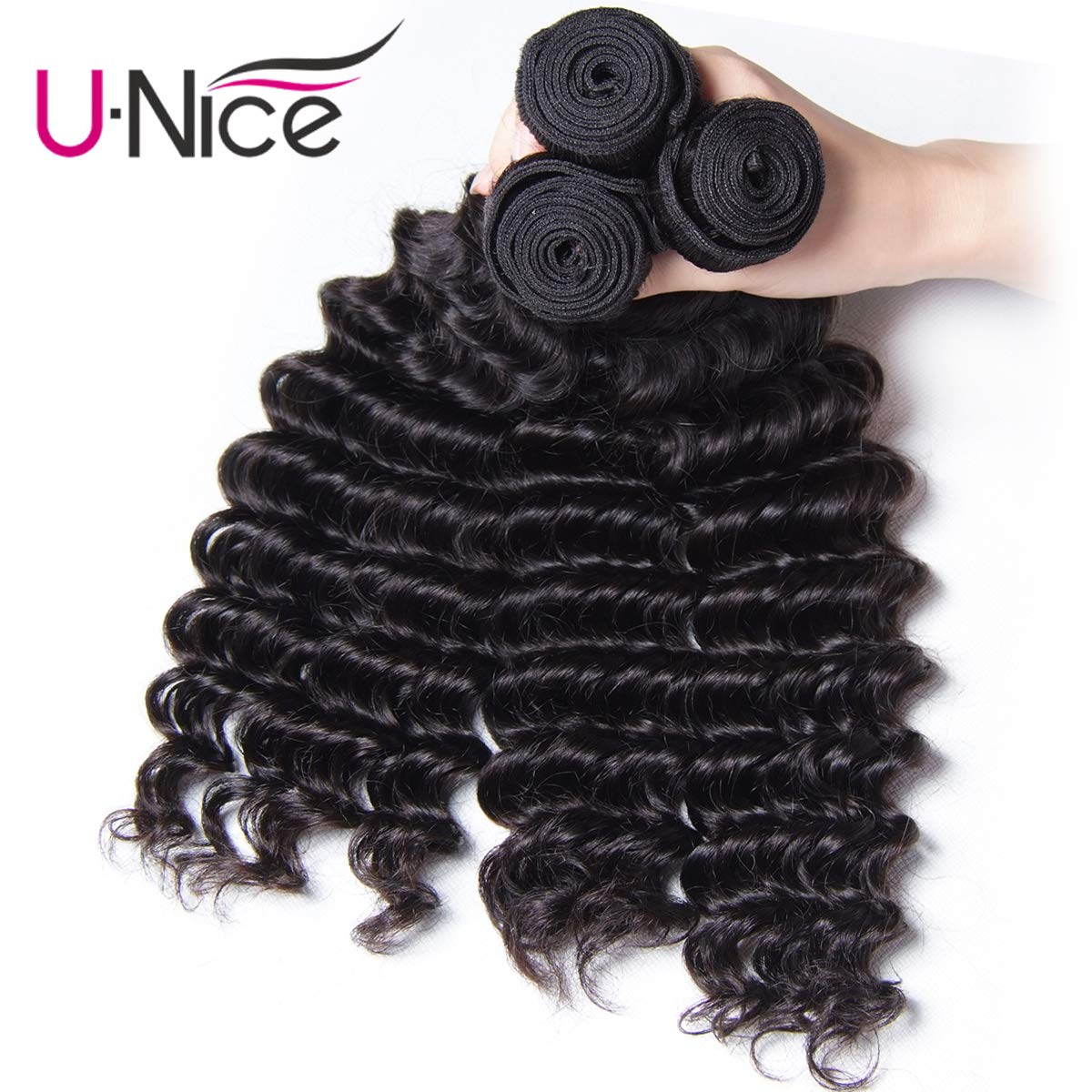 UNice Peruvian Virgin Human Hair Extensions - 3 Bundles Deep Wave Weft, 100% Real Human Hair, Natural Color, 95-100g per Piece (14 16 18 Inch) for Stunning Volume & Length - Perfect for Daily Wear, Special Occasions & Salon Styling