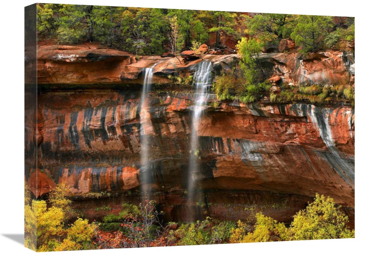 Global Gallery Cascades Tumbling 110 Feet at Emerald Pools Zion National Park Utah Canvas Wall Art Print 24x18 Inches - Nature Landscape Decor for Living Room, Bedroom & Office
