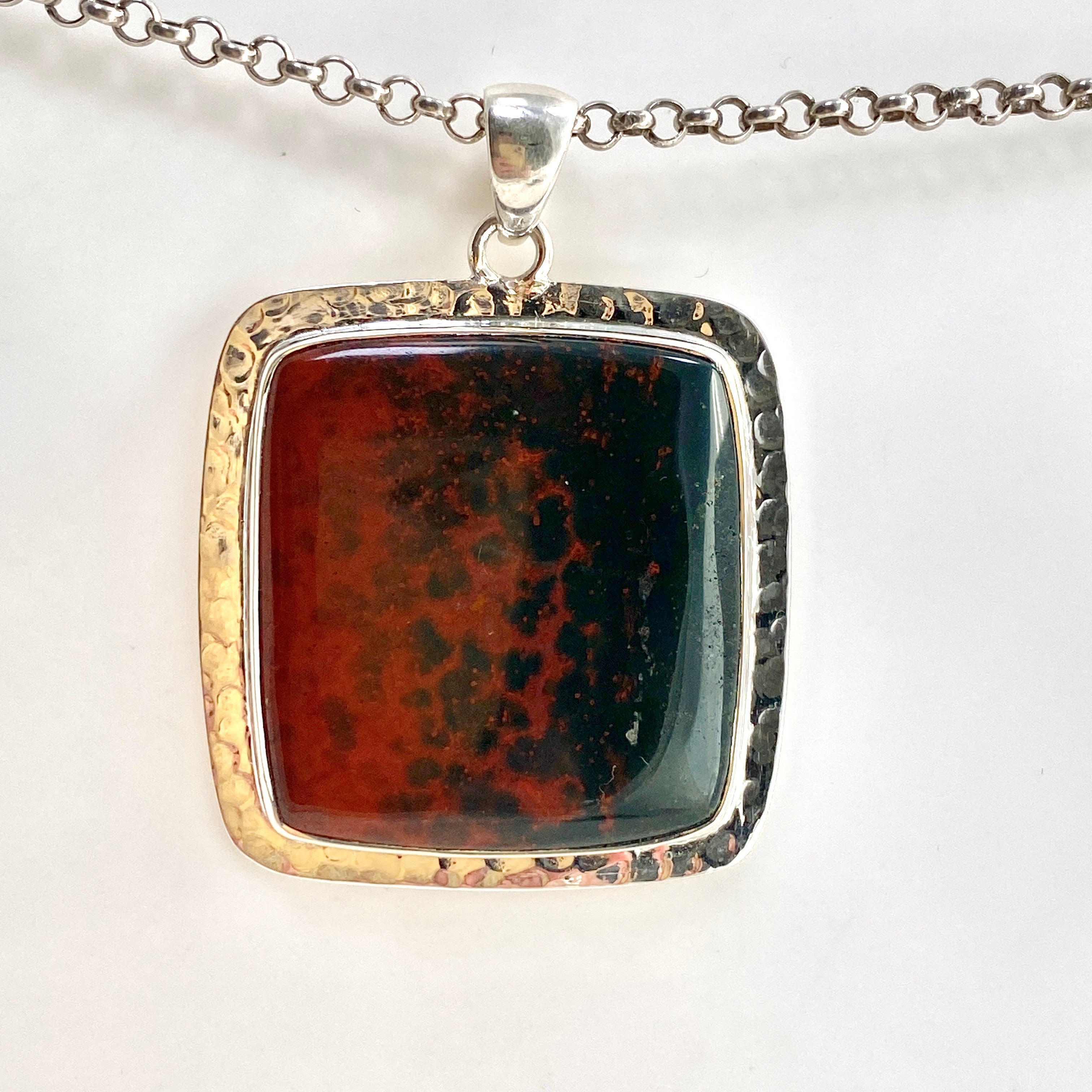 Natural Bloodstone Square Cabochon Pendant in Hammered Sterling Silver Setting KPGJ4743 - Perfect for Healing Jewelry, Meditation & Spiritual Gifts