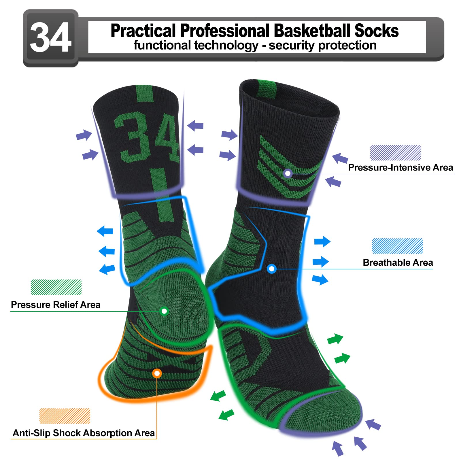 Basketball Socks for Men & Boys - 2 Pairs Team Socks for Sports & Training