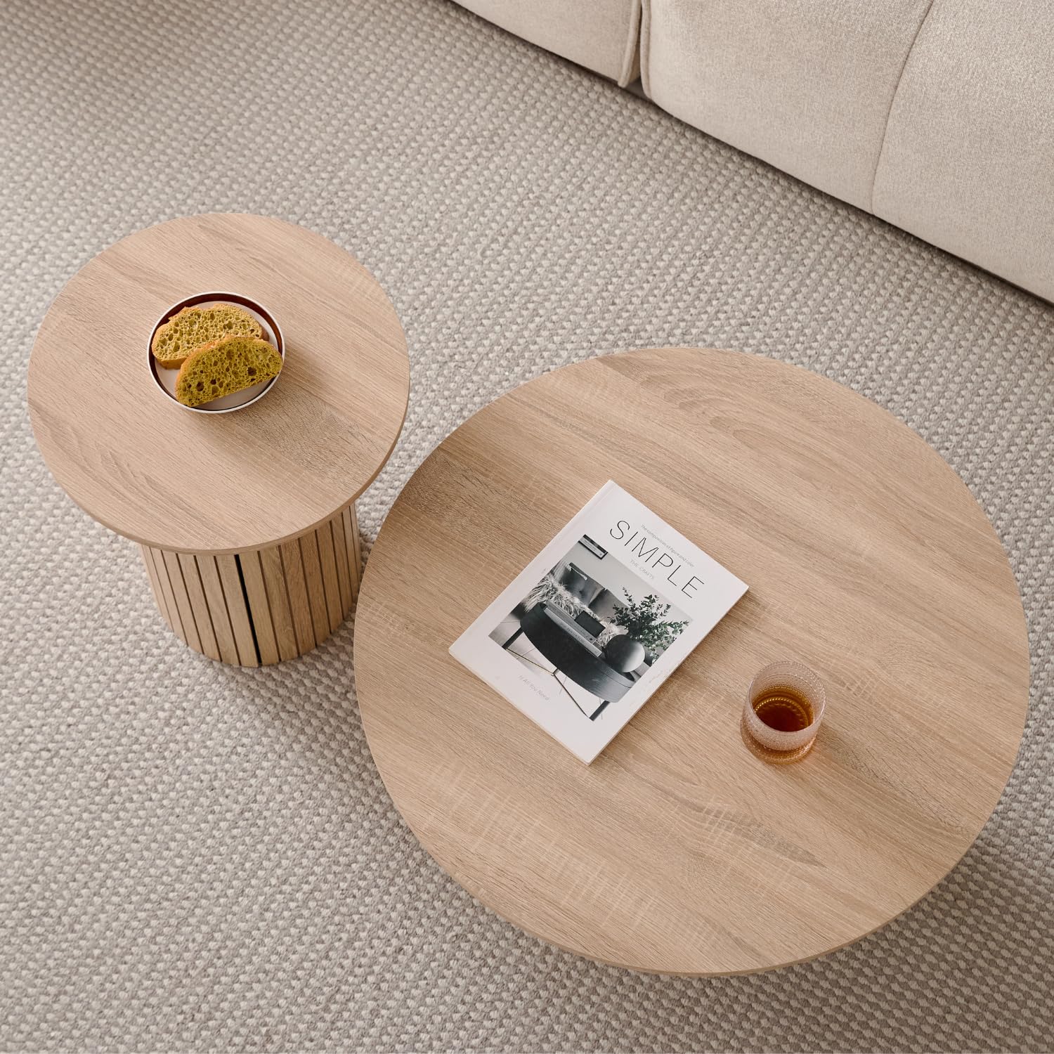 Round Nesting Coffee Tables Set of 2 - Modern Boho Fluted Drum Side Tables for Living Room, Bedroom, Office - 27.6