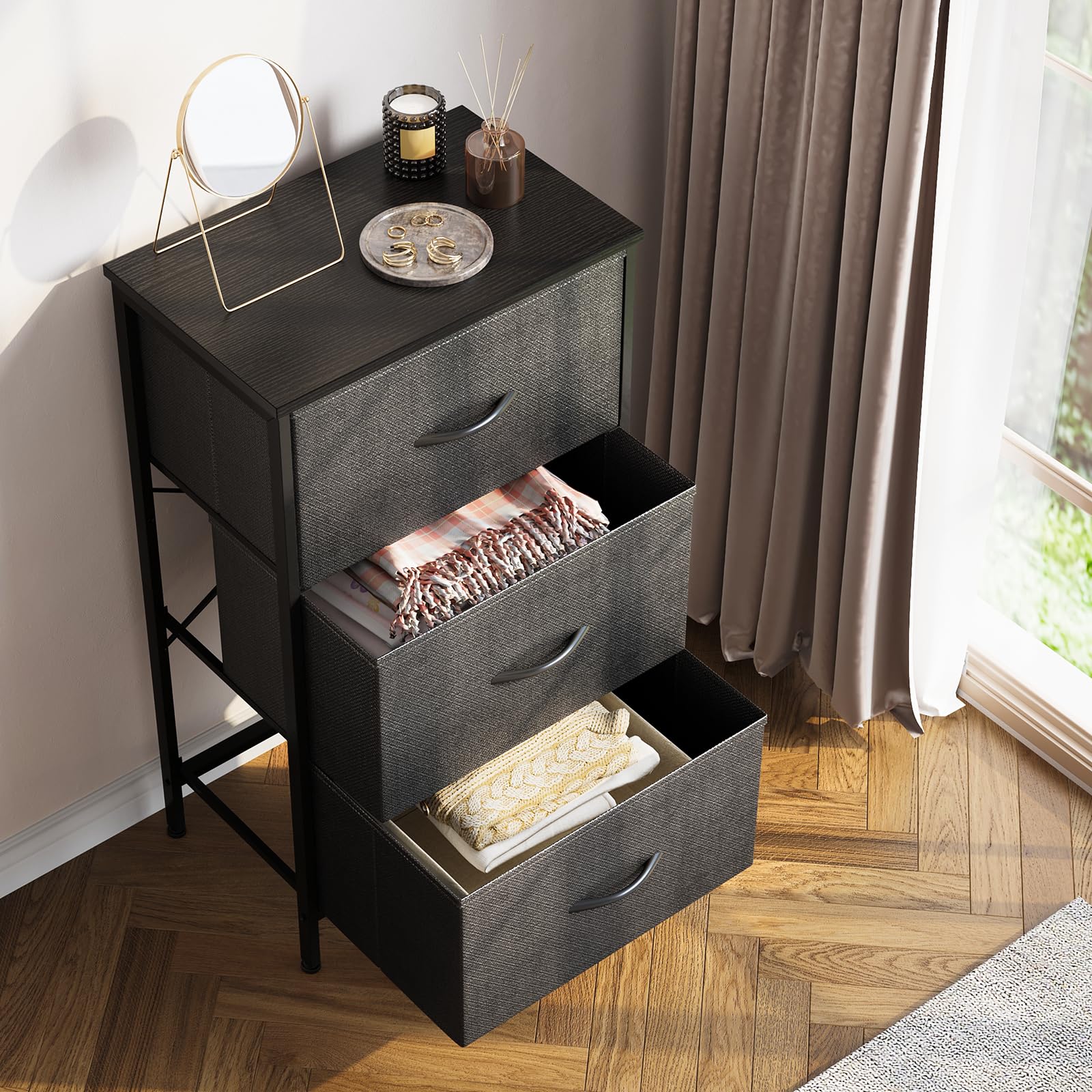 AODK 3-Drawer Dresser for Bedroom & Living Room - Compact Nightstand, End Table & Closet Organizer with Storage Drawers - Dark Grey - Perfect for Small Spaces, Apartment & Dorm Room Organization