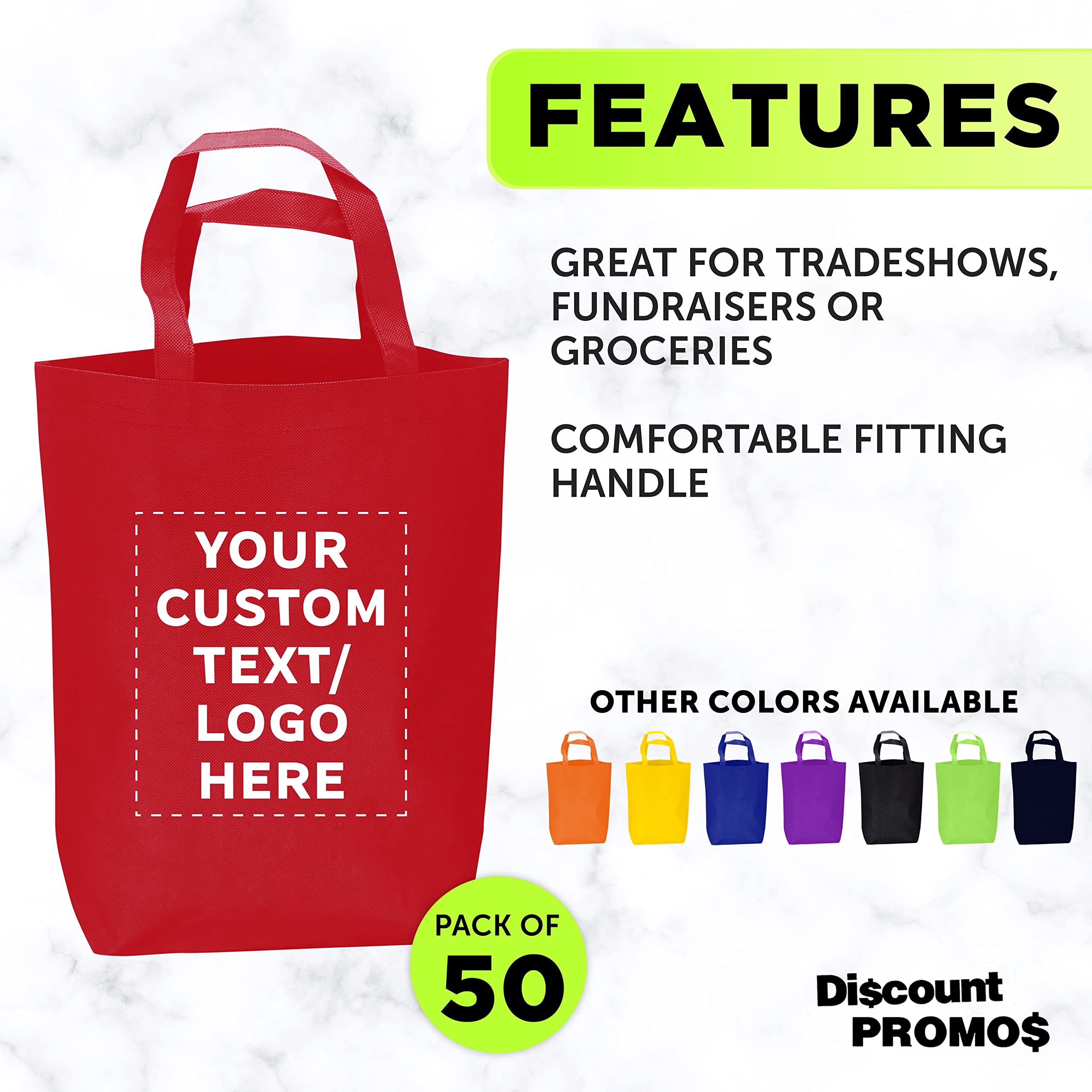 Custom Large Heavy Duty Reusable Tote Bags - Bulk Pack of 50 Personalized Grocery & Shopping Bags - Durable Promotional Bags for Business Branding & Advertising - Red - Perfect for Retail Stores, Trade Shows & Eco-Friendly Shopping