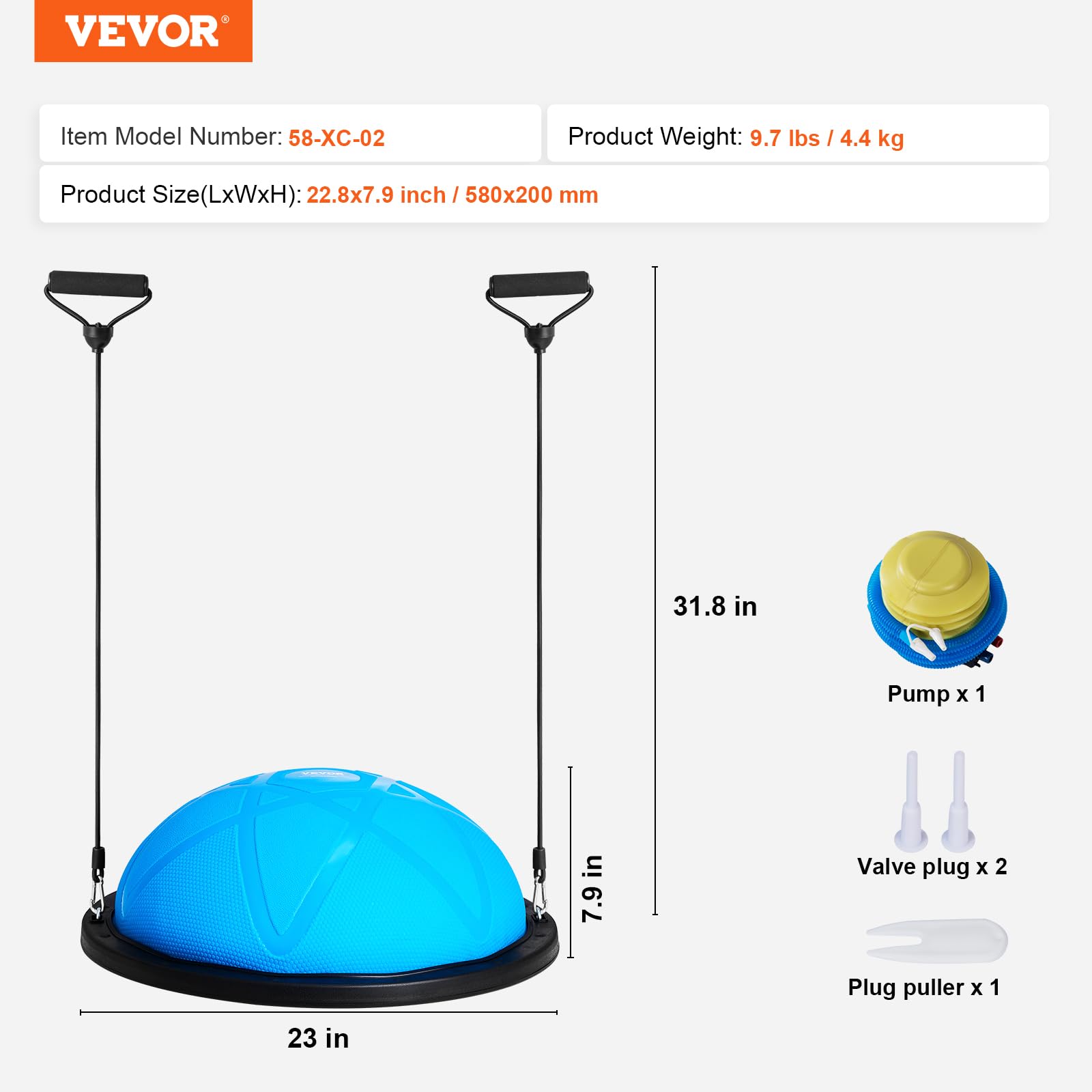 VEVOR 23/26 Inch Half Exercise Ball Trainer - 1500lbs Capacity Stability Ball with Resistance Bands & Foot Pump - Yoga Balance Ball for Home Gym, Core Workouts, Pilates, Physical Therapy & Full Body Fitness - Black