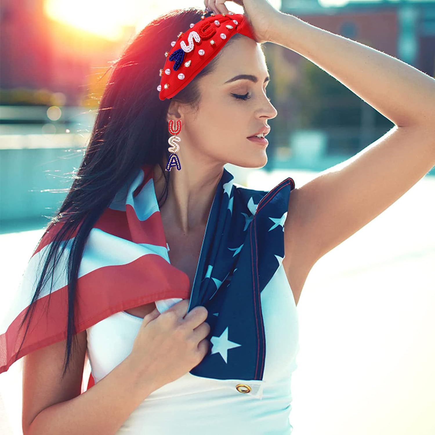 Elegant Crystal Pearl Knotted Headbands - Patriotic Hair Accessories for Women | American Flag Themed Outfits for Independence Day & Memorial Day | Perfect for 4th of July Celebrations, Summer Parties & Patriotic Events (USA-Red)