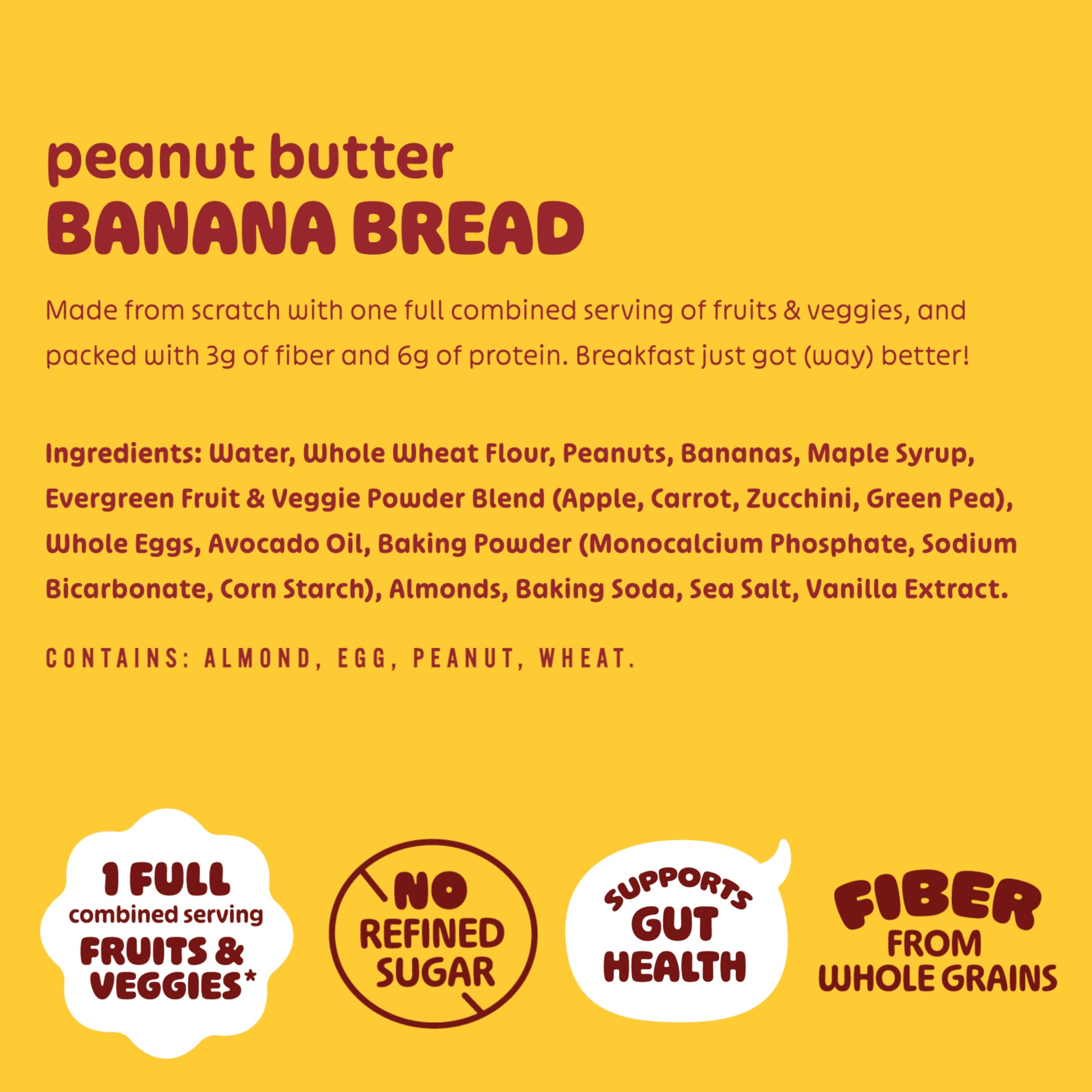 Evergreen Peanut Butter Banana Bread Waffles - 100% Whole Grain, Dairy-Free, No Preservatives | 1 Full Serving of Fruits & Vegetables | Supports Gut Health | 9 Frozen Waffles per Bag | Perfect for Breakfast, Snacks & Healthy Family Meals