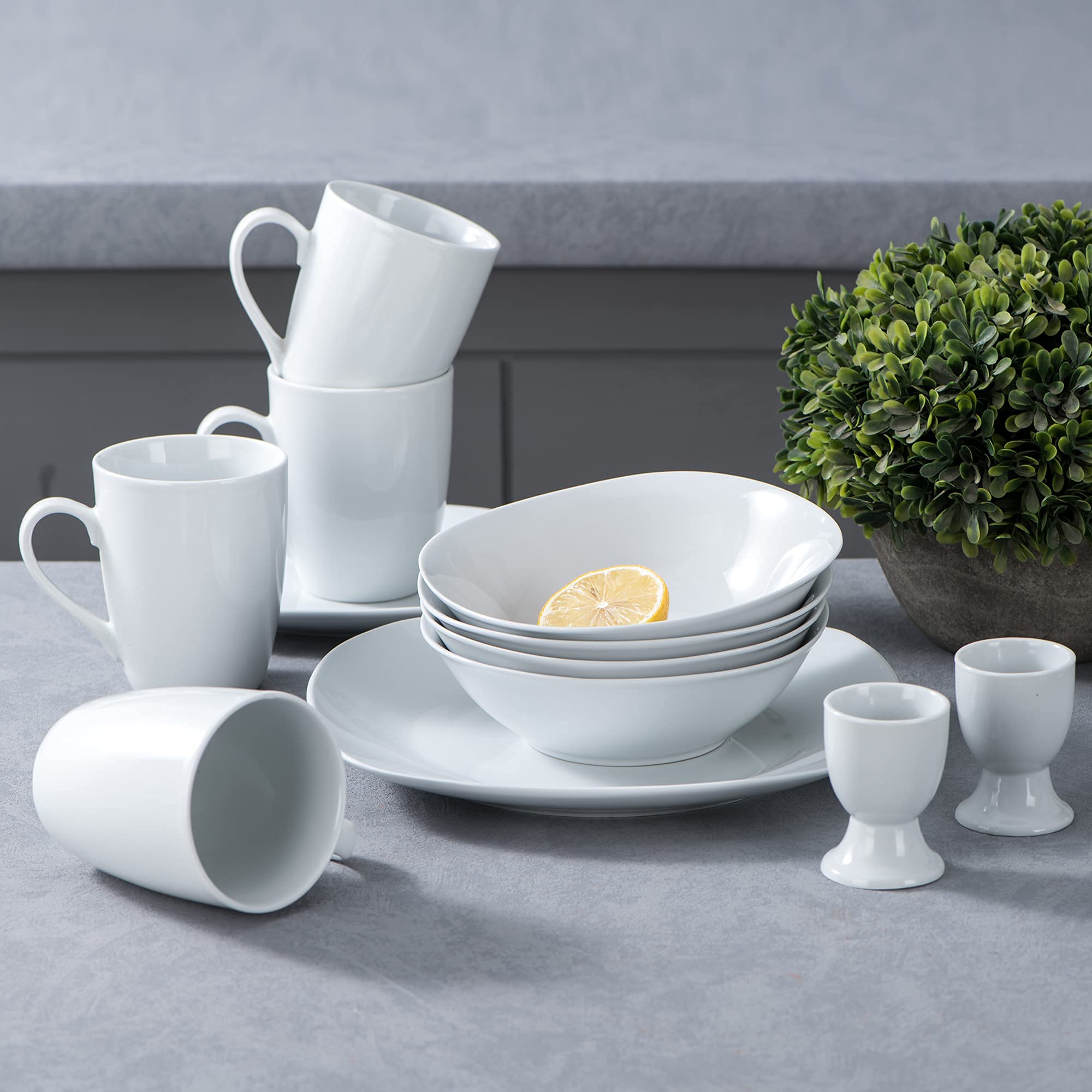 MALACASA 40-Piece Porcelain Dinnerware Set - Gray & White Square Plates, Bowls, Egg Cups & Coffee Mugs - Modern Tableware for 8 People (Elisa Series) - Perfect for Family Dinners, Restaurant Use & Special Occasions