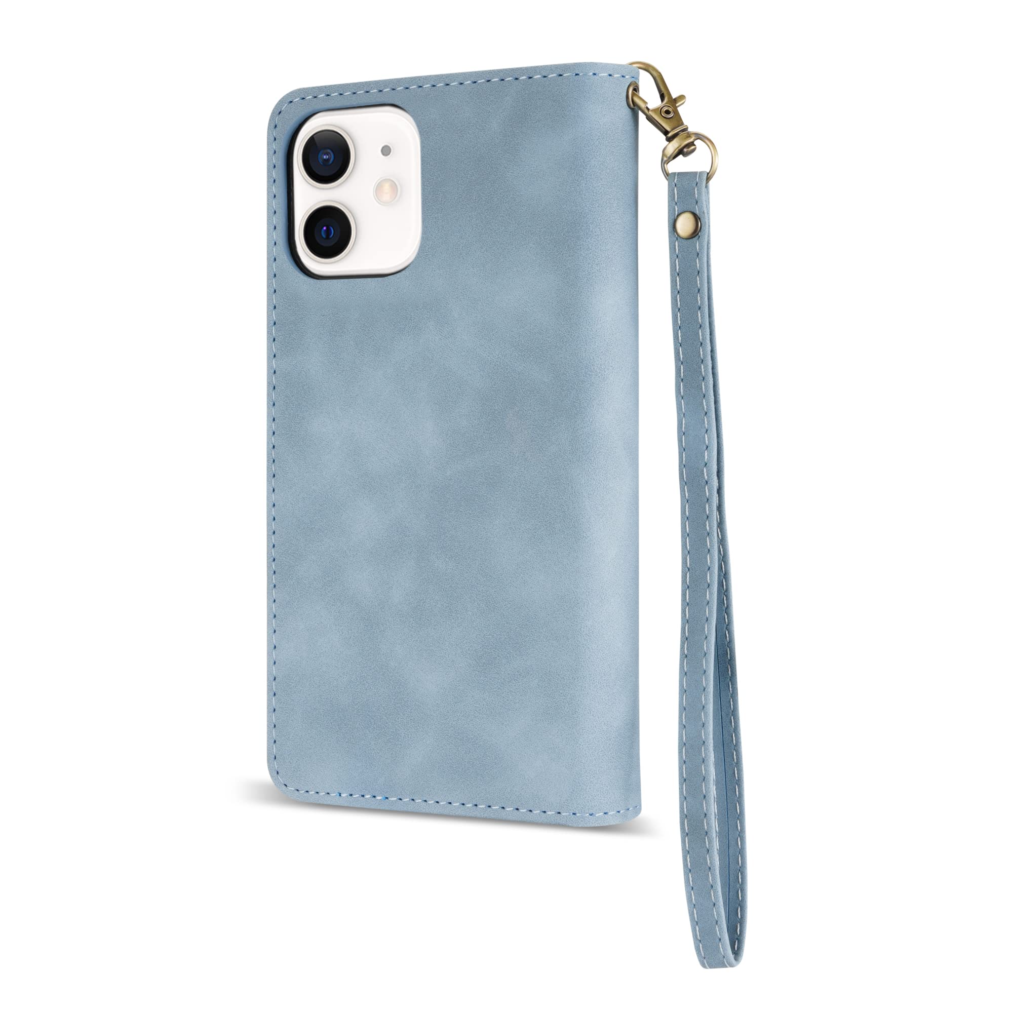 Premium Soft PU Leather Zipper Folio Wallet Case for iPhone 12/12 Pro (6.1 inch) - Card Slots, Wrist Strap & Kickstand | Light Blue | Business, Travel & Everyday Protection