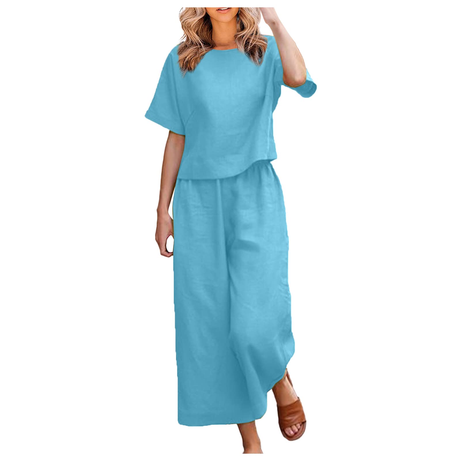 2024 Women's 2-Piece Summer Outfit Sets - Casual Long & Short Sleeve Pullover Shirt with Crewneck Artistic Design | Matching Going Out Clothes for Women | Perfect for Beach Vacations, Date Nights & Weekend Getaways