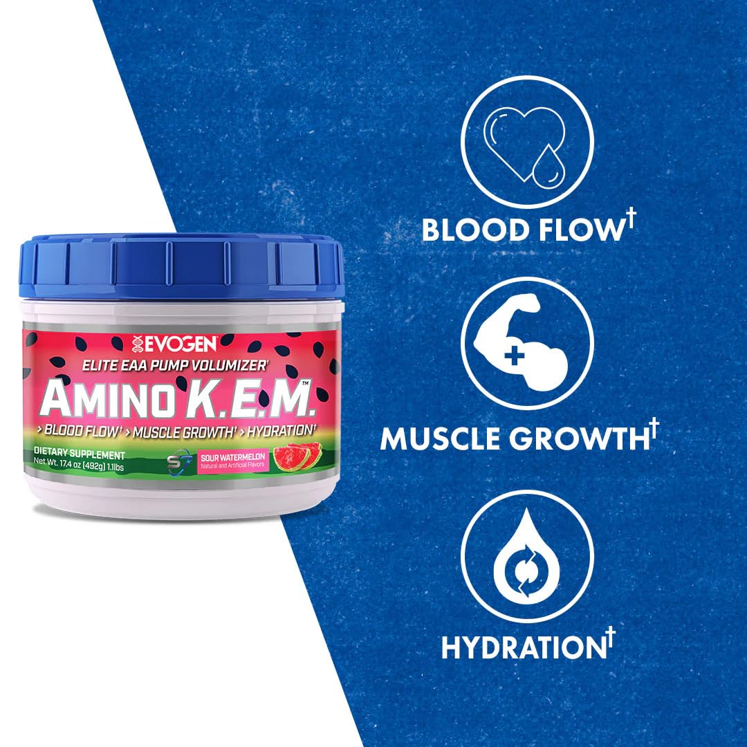 Evogen Amino K.E.M. - Essential Amino Acids (EAA) & Branched-Chain Amino Acids (BCAA) Powder for Muscle Growth, Hydration & Blood Flow | Sour Watermelon Flavor | 30 Servings | Pre-Workout & Post-Workout Recovery Supplement