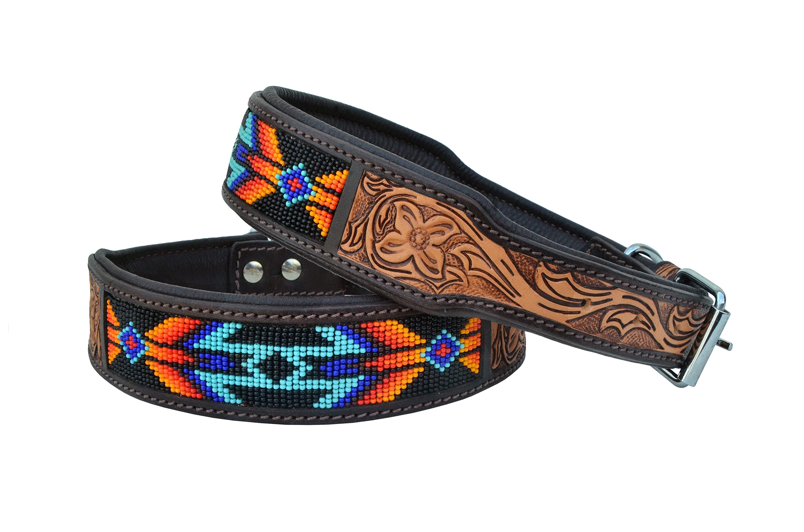 Western Style Leather Dog Collar - Heavy Duty Hand Tooled Adjustable Beaded Padded Soft Collar for Puppies & Large Dogs (10AB016) - Perfect for Training, Walks & Outdoor Adventures