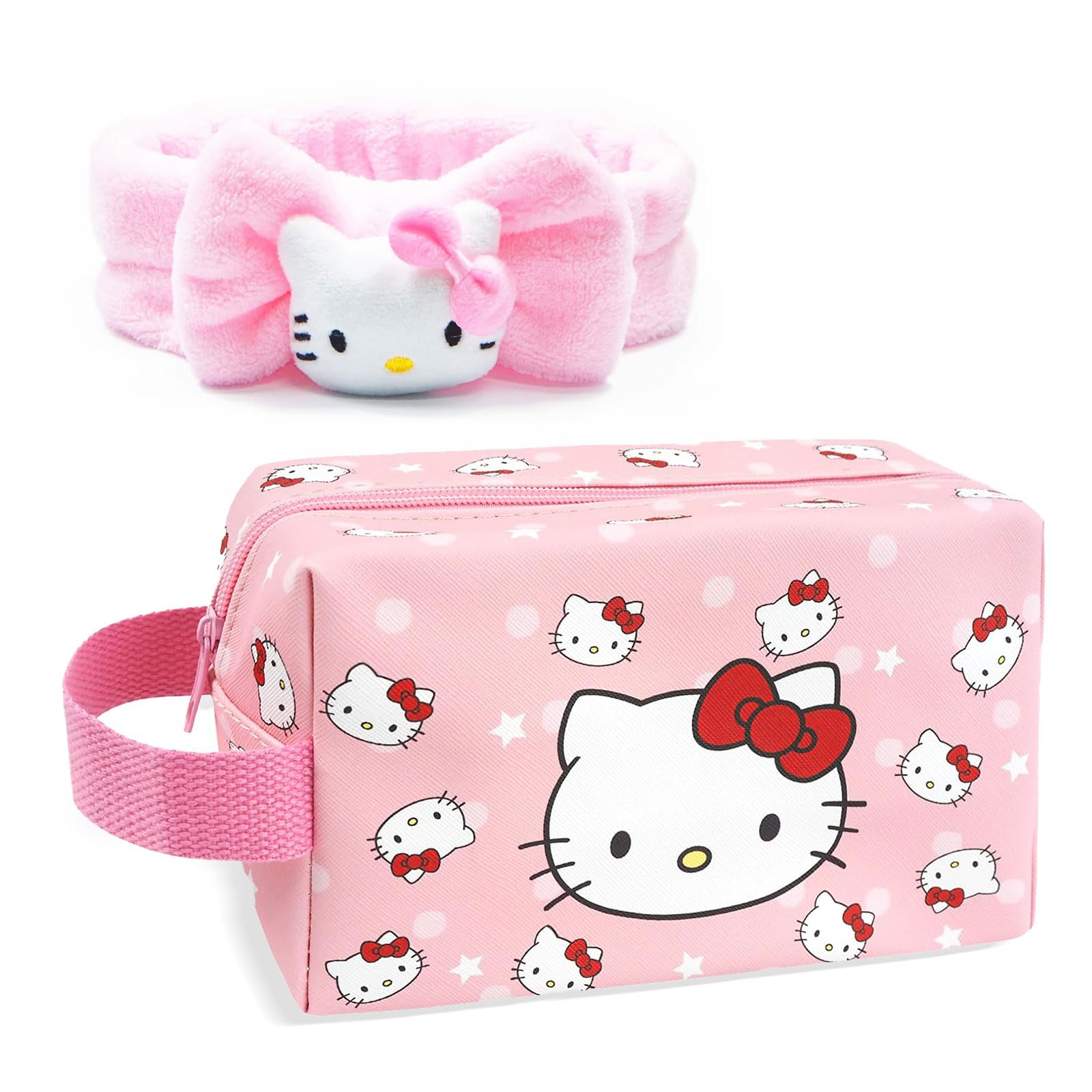 Cute PU Leather Travel Makeup Bag & Soft Spa Headband Set - Waterproof Toiletry Organizer for Women & Girls - Perfect for Travel, Gym, and Skincare Routine