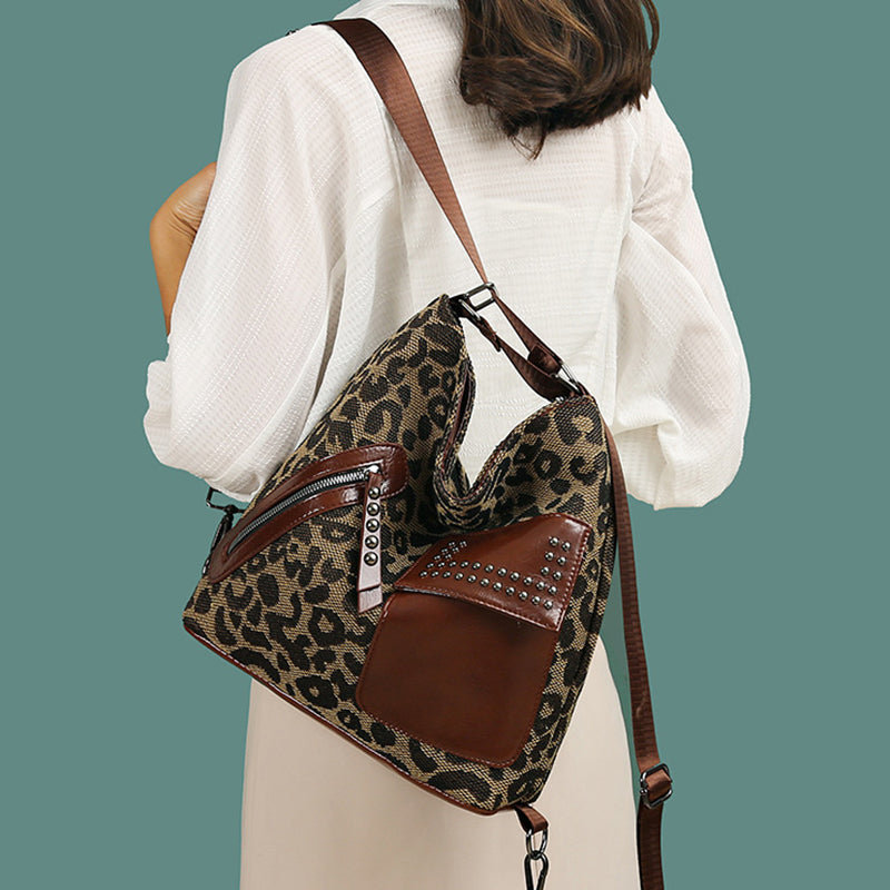 Stylish Houndstooth Backpack for Women - Fashionable Leopard Print Shoulder Bag with Rivet Design | Perfect for Work, Travel & Daily Use