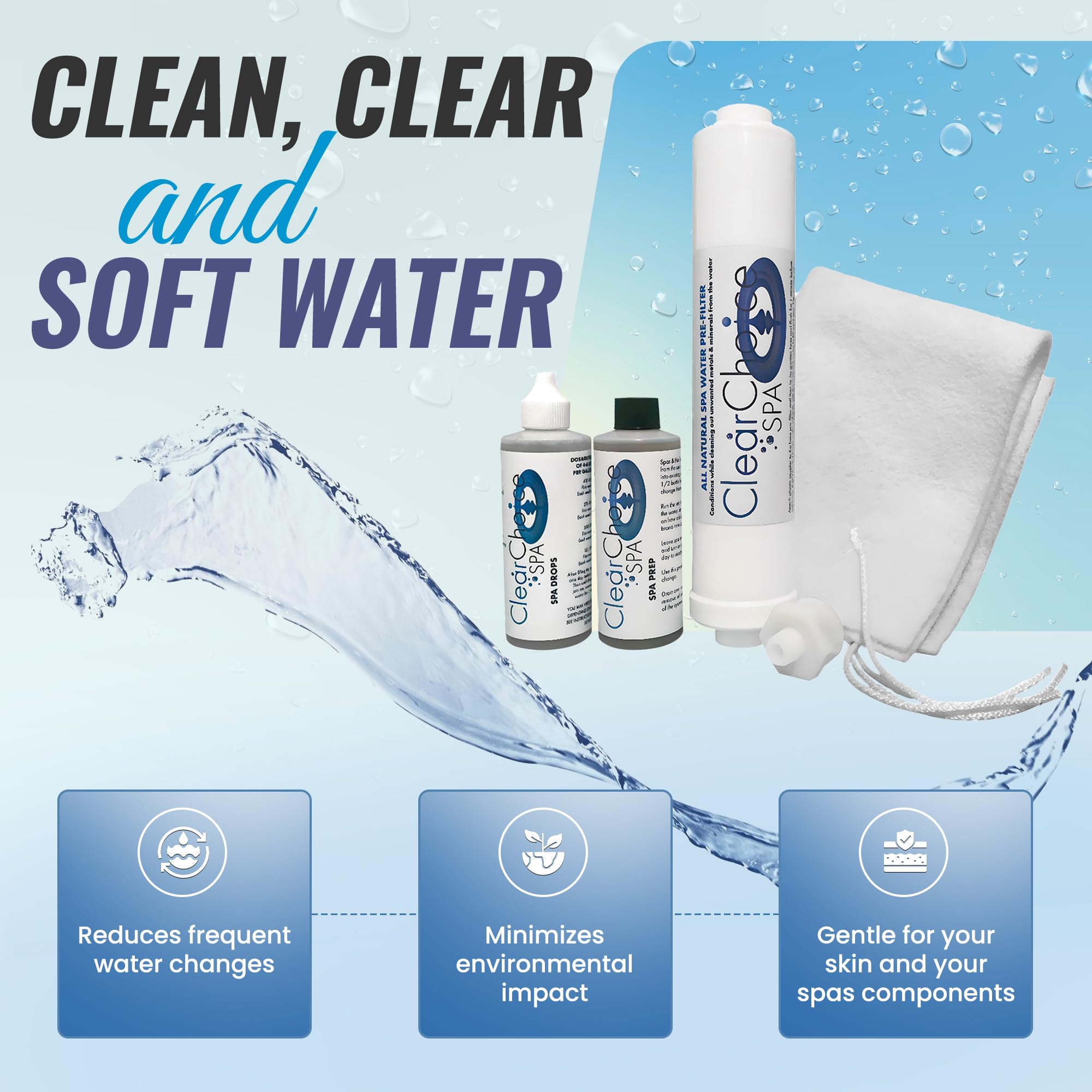 Clear Choice Spa Hot Tub Start Up Kit with Micron Sleeve – Includes Spa Drops, Spa Prep, Hose Pre-Filter & Micron Filter Sleeve | Natural Enzyme-Based, Non-Toxic, Hypoallergenic Hot Tub Chemicals | 1 Year Supply for Spa Maintenance & Water Care | Perfect for New Hot Tub Setup & Regular Maintenance