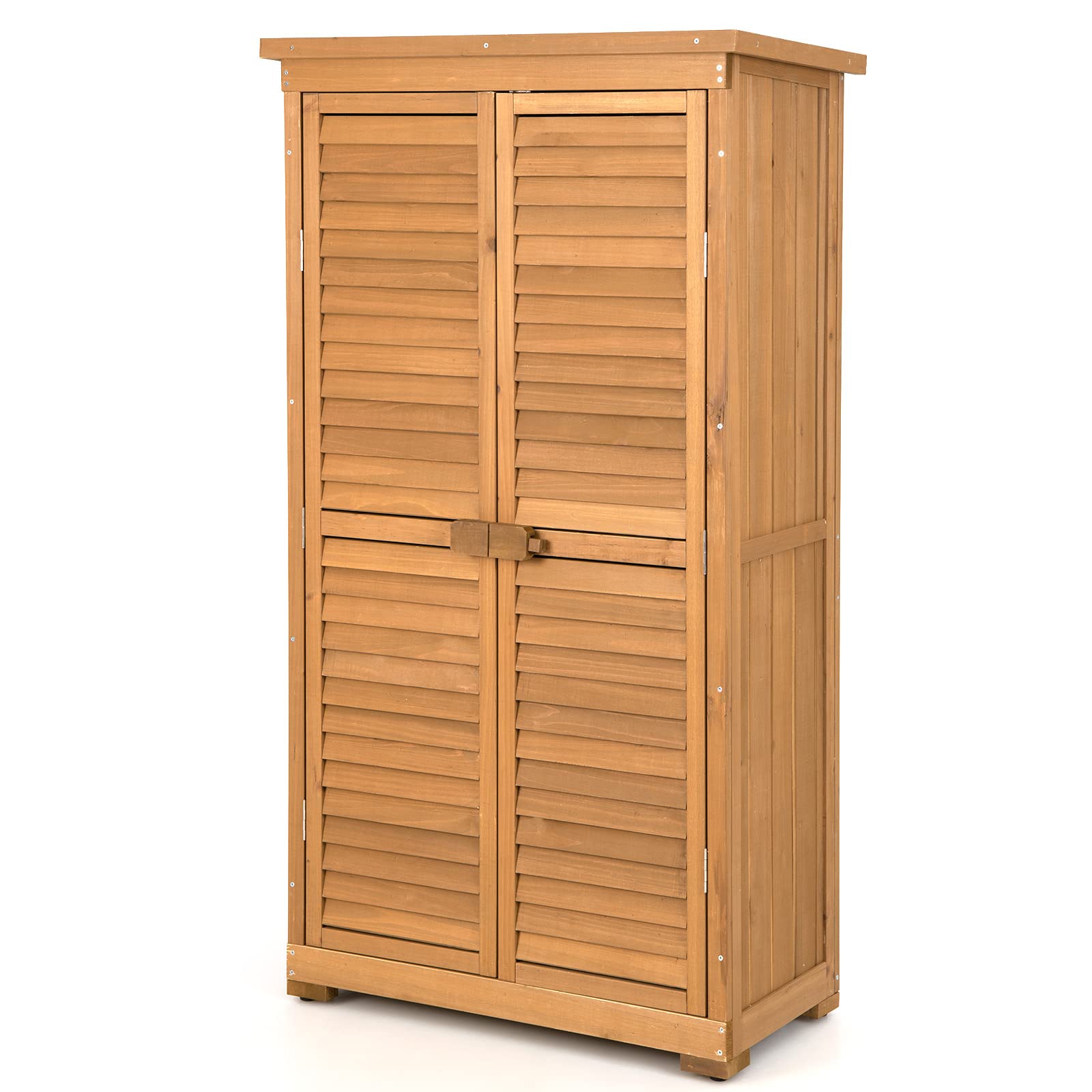GOFLAME 63 Inch Outdoor Storage Cabinet with 3 Removable Shelves - Waterproof Wooden Garden Shed, Adjustable Footpads & Latch - Vertical Tool Storage for Porch, Deck, Backyard, Patio (Great for Storing Gardening Tools, Outdoor Equipment & Seasonal Items)