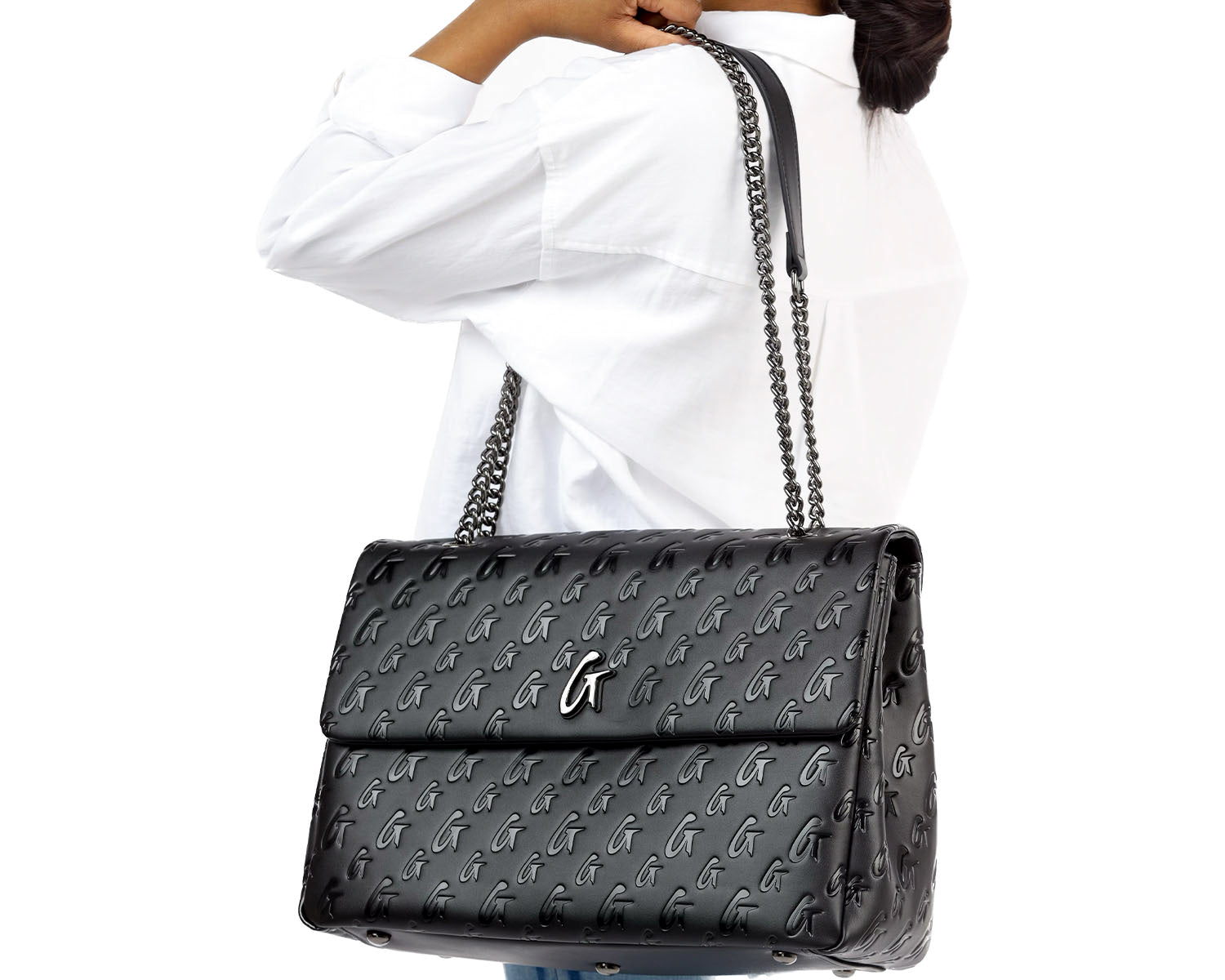 Large Monogram Flap Bag - Black Crossbody Purse for Women | Fashionable Handbag for Work, Travel & Everyday Use