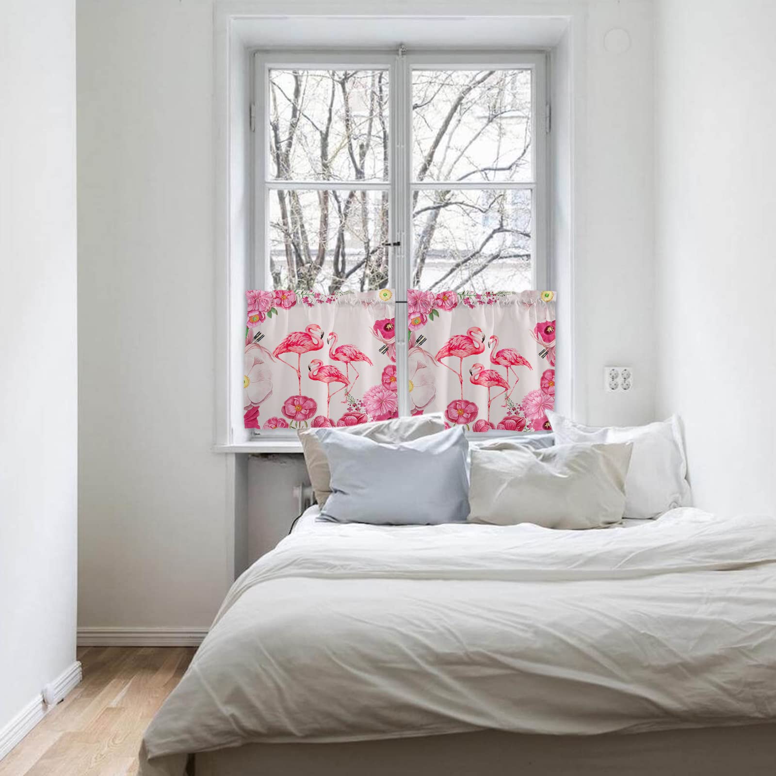 Thermal Insulating Animal Print Kitchen Curtains Set of 2 Panels - 27.5x24 Inch Rod Pocket Cafe Curtains with Pink Flowers & Flamingos Design for Bathroom, Kitchen Window - Perfect for Cozy Home Decor & Sun Protection