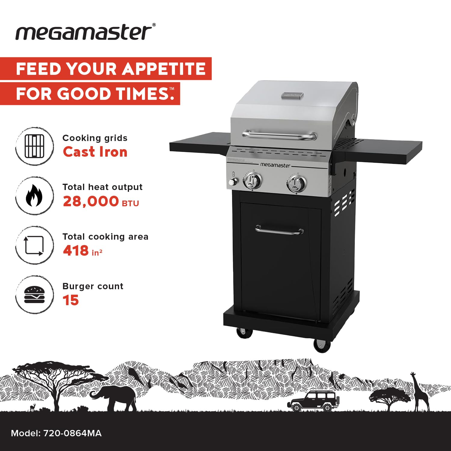 2-Burner Propane Gas Grill with Foldable Side Tables - 28,000 BTU Outdoor BBQ Grill for Camping, Backyard, Patio & Picnics - Silver & Black (Model 720-0864MA) | Ideal for Tailgating, Family Gatherings & Summer Cookouts