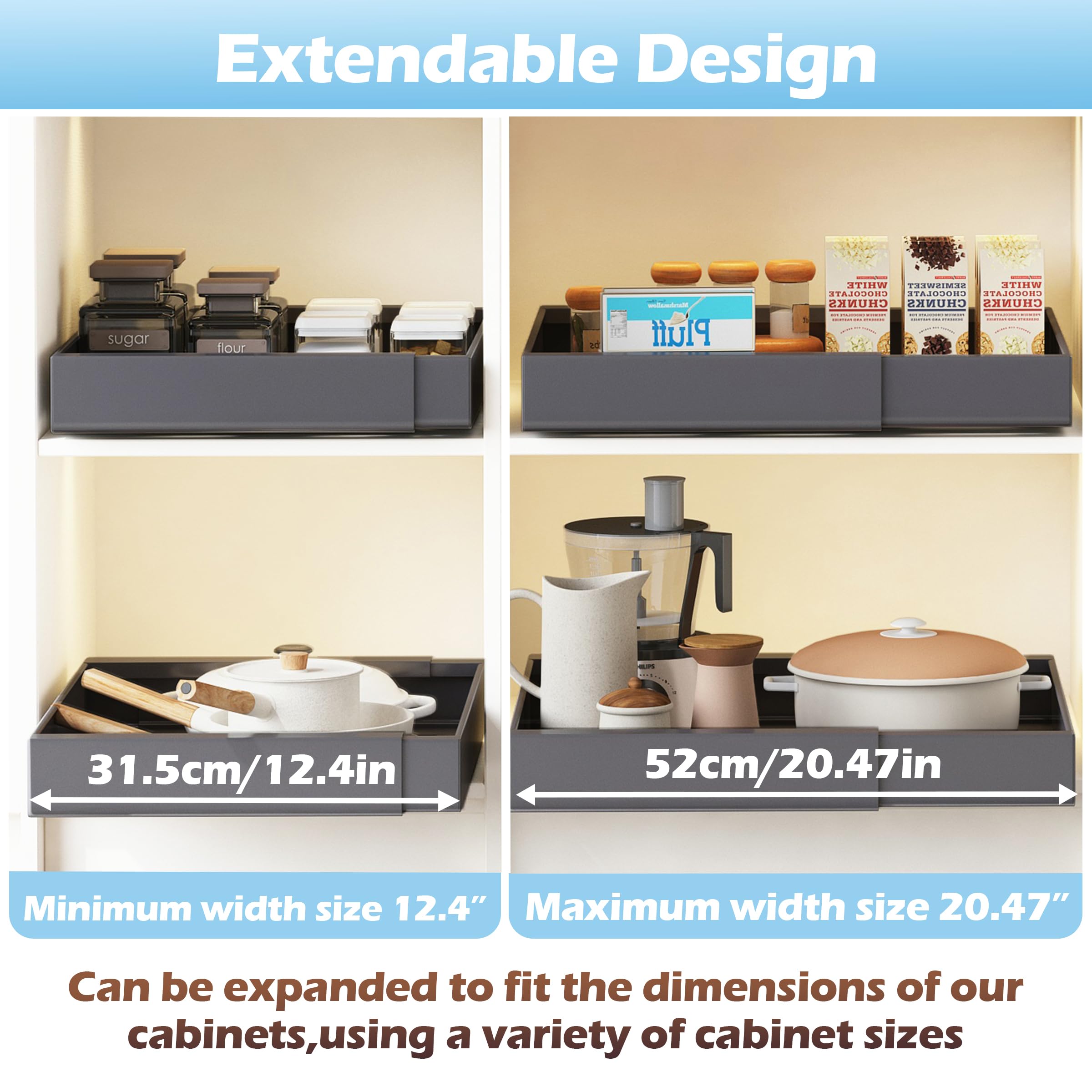 Extendable Pull Out Cabinet Organizer - Adjustable Sliding Pantry Shelves (12.4