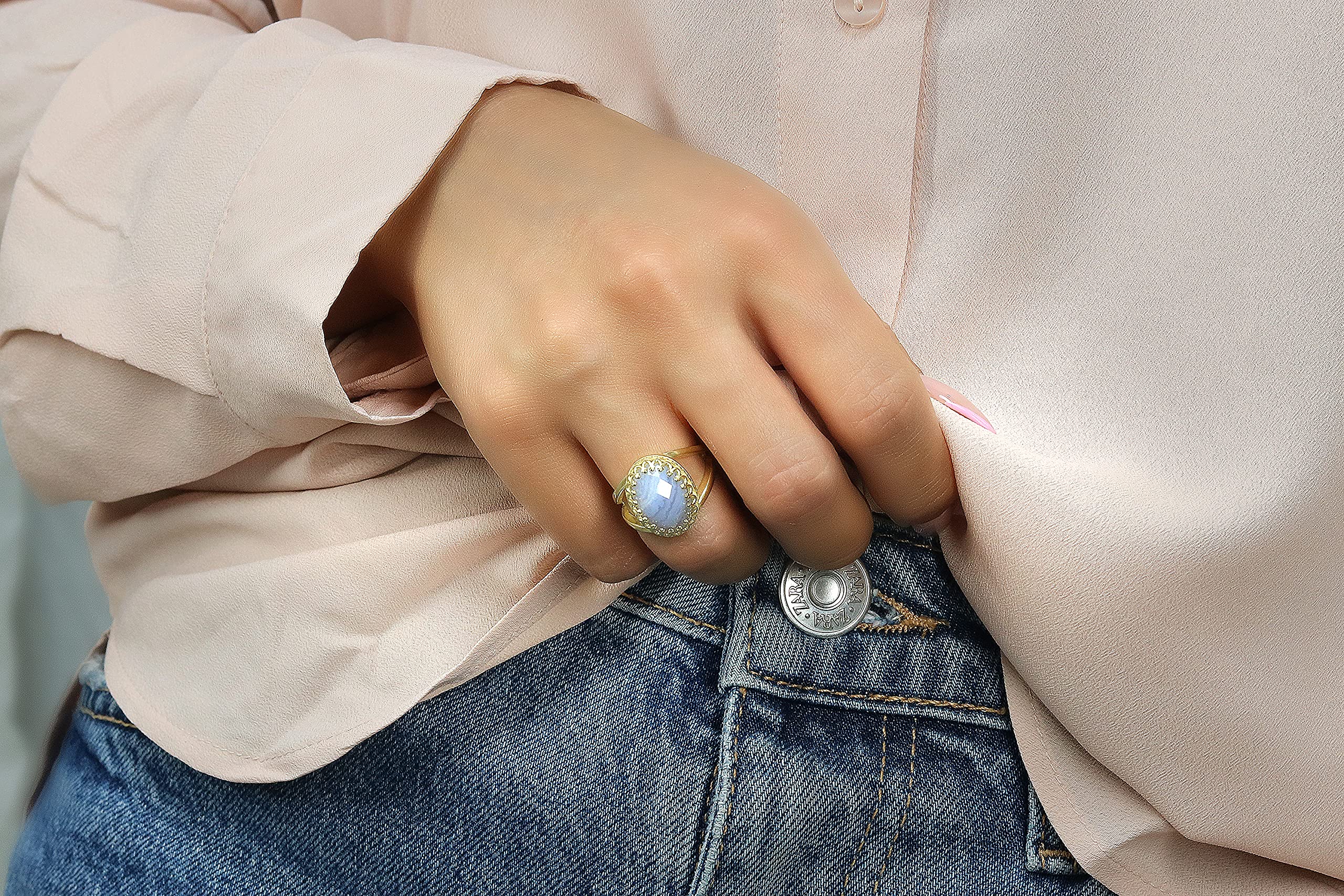 Elegant Anemone Jewelry Fancy Agate Ring for Women - Handmade Artisan Oval Statement Ring - Unique Vintage Customizable Engraved Jewelry Gift with Box - Perfect for Weddings, Parties & Special Occasions