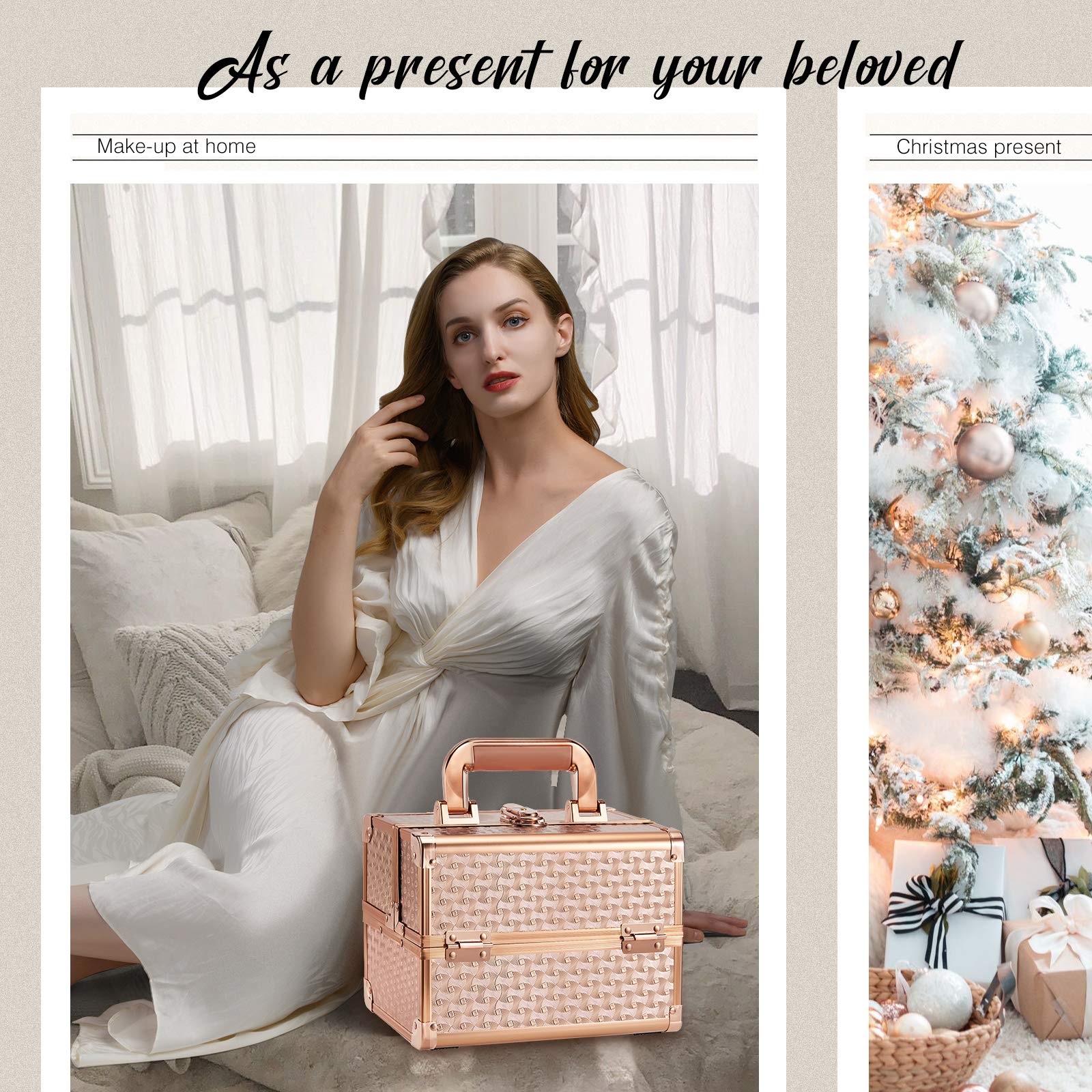 Joligrace Beauty Makeup Train Case - Portable Cosmetic & Jewelry Organizer with Lock, Keys & Mirror | 2-Tier Storage Box with Handle | Rose Gold | Perfect for Travel, Salon & Home Organization