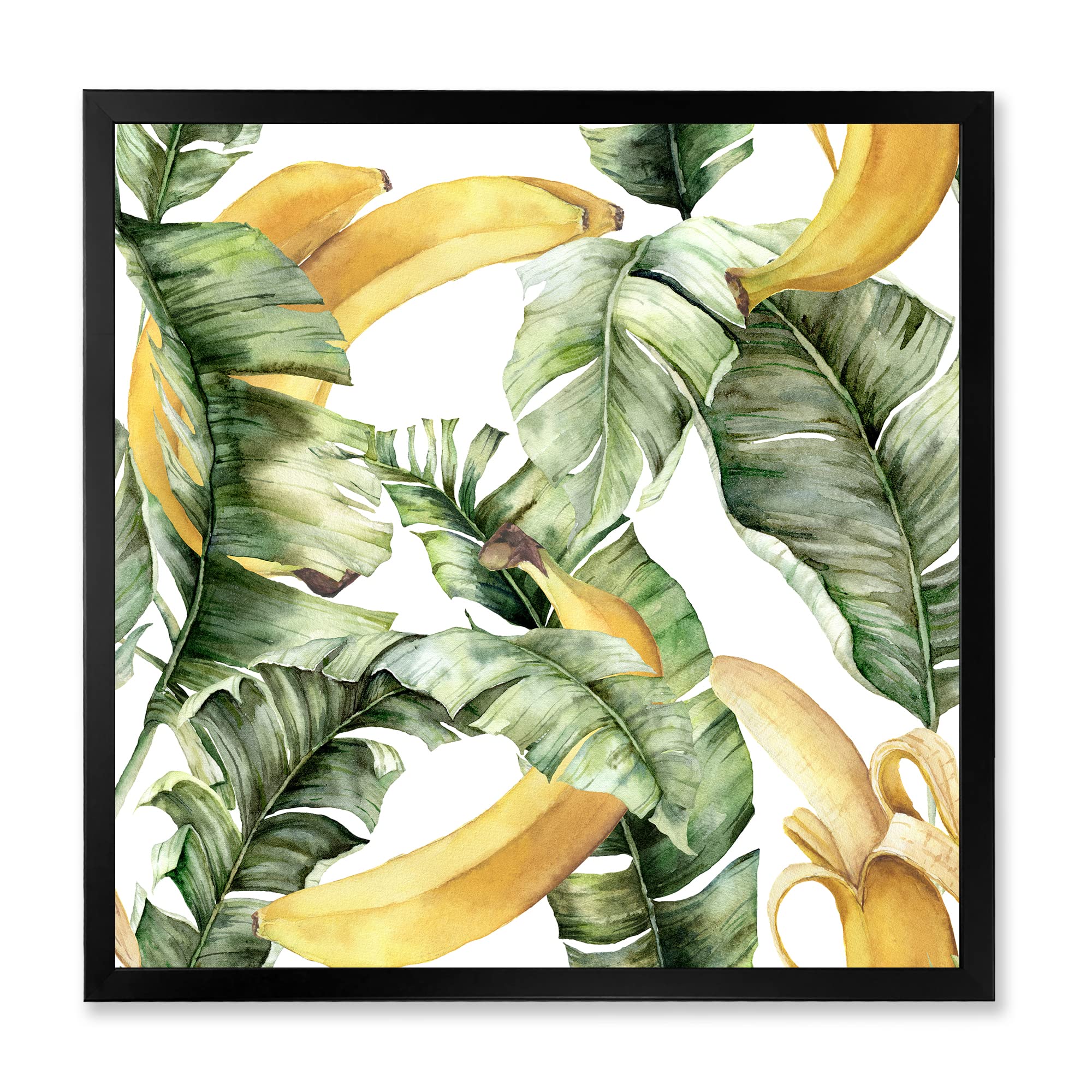 DesignQ Ripe Bananas With Leaves Framed Wall Art - Tropical Coastal Decor for Kitchen, Dining Room & Beach House