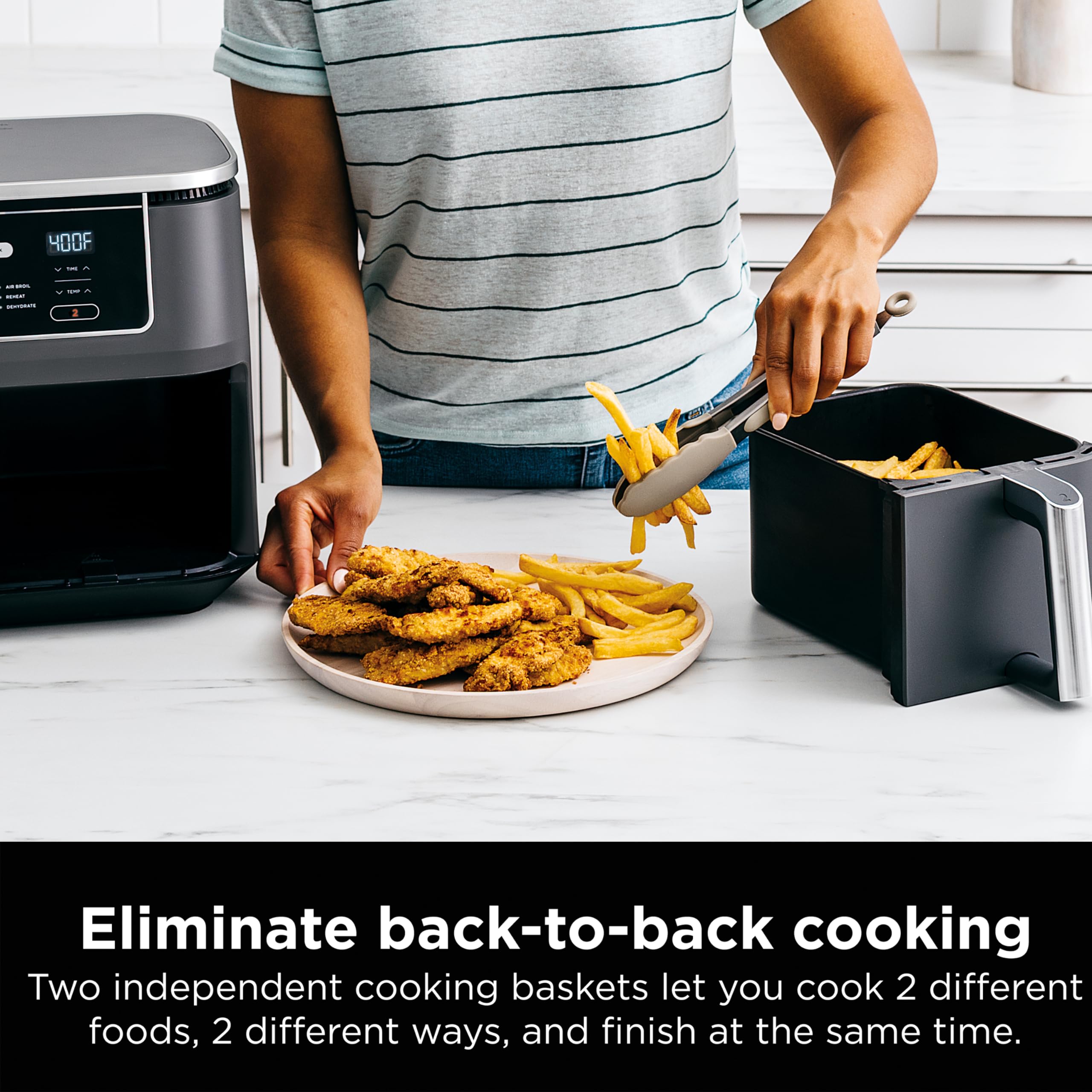 Ninja DZ401 Foodi 10 Quart 6-in-1 DualZone XL 2-Basket Air Fryer with Independent Frying Baskets - Roast, Broil, Dehydrate - Smart Finish & Match Cook Technology - Large Capacity for Family Meals - Grey - Perfect for Quick Cooking, Healthy Meals & Party Snacks