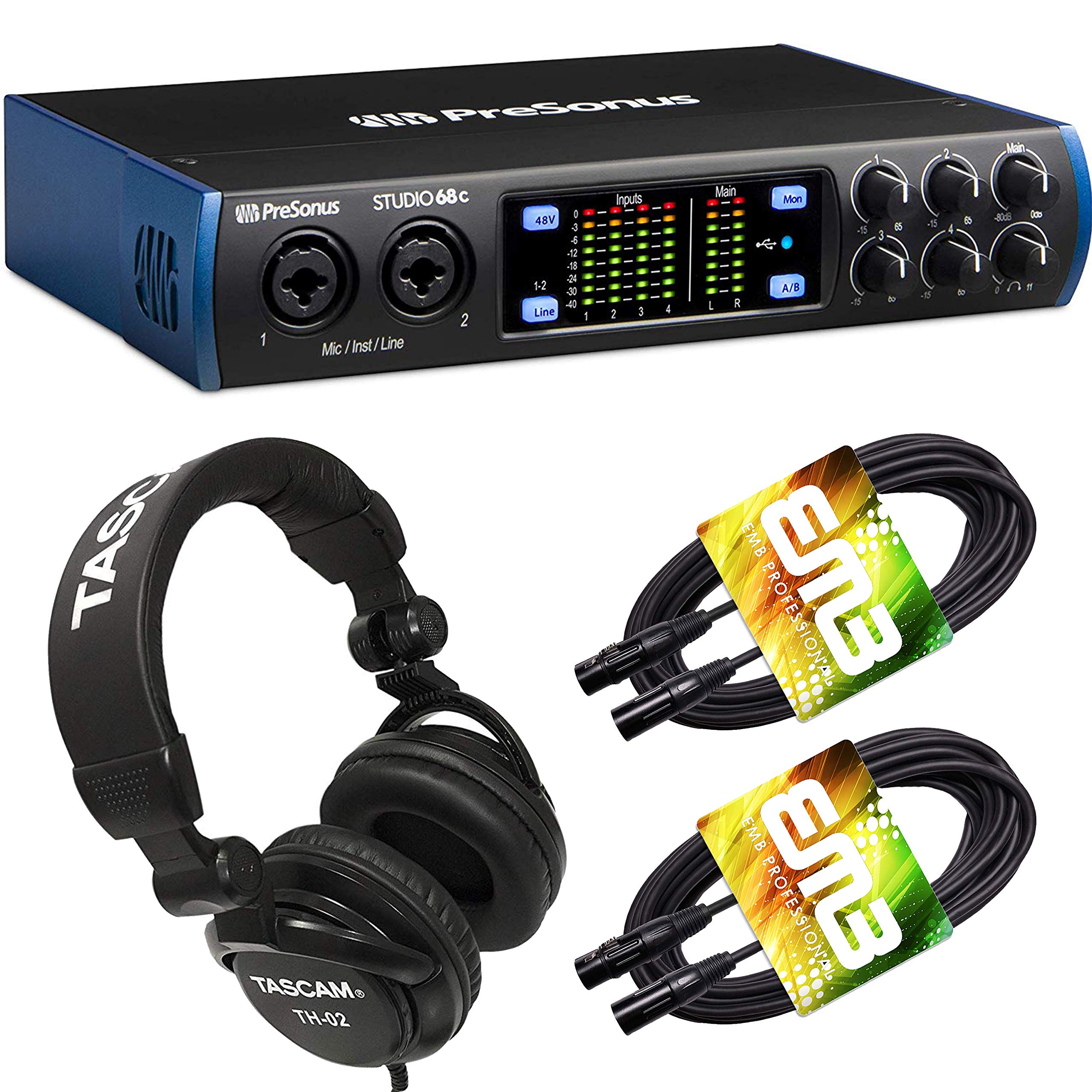 PreSonus Studio 68c 6x6 USB-C Audio Interface with 192kHz High-Resolution Recording, Mixing Headphones & EMB XLR Cable Bundle - Perfect for Home Studio, Podcasting & Music Production