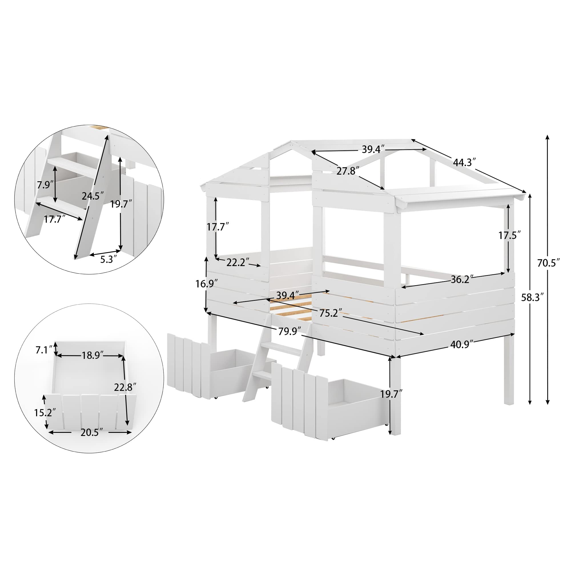 **White Twin Size Wood Loft Bed for Kids - House Design with Roof, Windows, 2 Drawers & Fence-Shaped Guardrails - Perfect for Boys & Girls Bedrooms, Playrooms & Small Spaces**