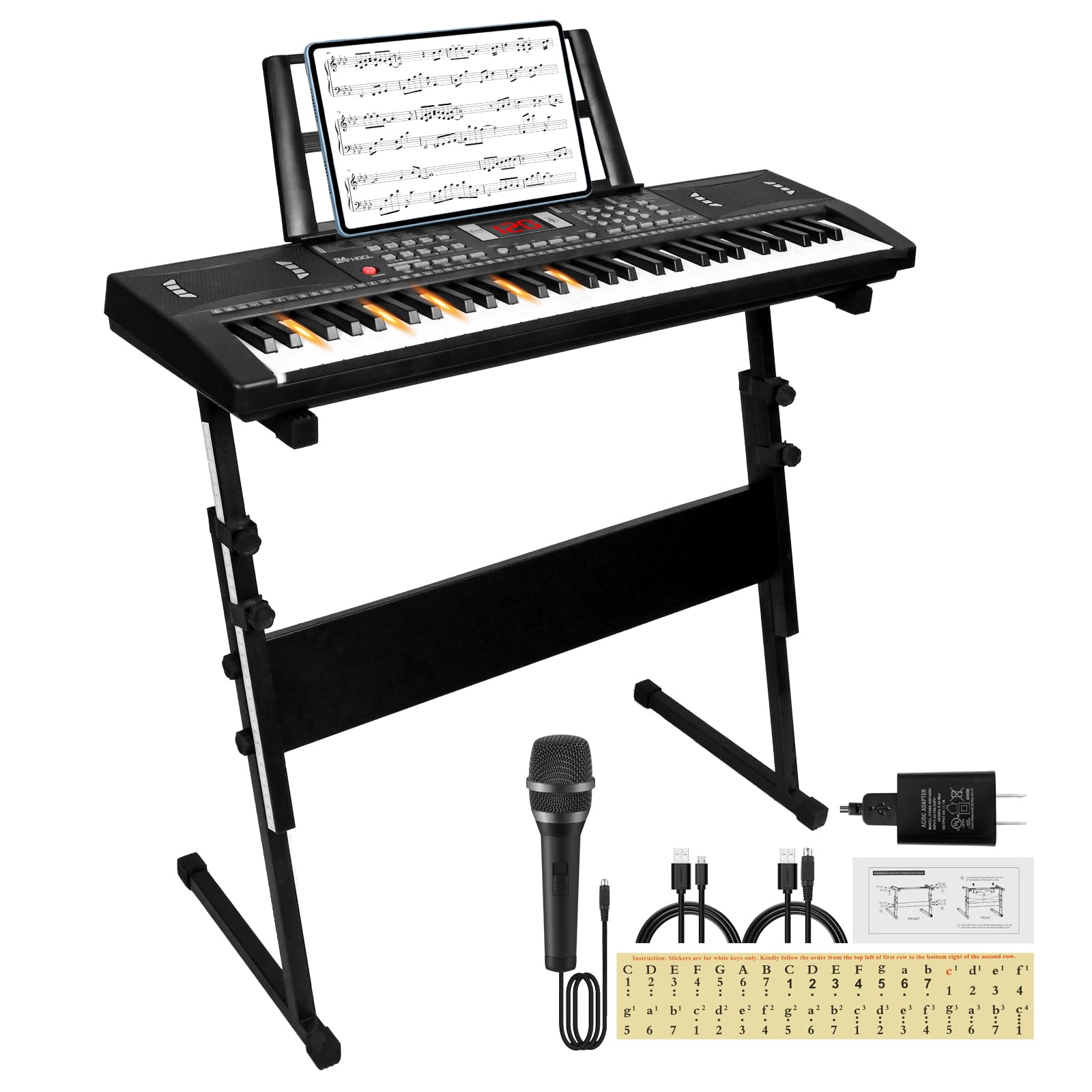 61 Key Digital Piano Keyboard for Kids & Beginners - Full Set with Headphone, Microphone, Music Stand, Power Adapter & Adjustable Stand - Perfect for Home Learning, Music Practice & Gift Giving (Black)