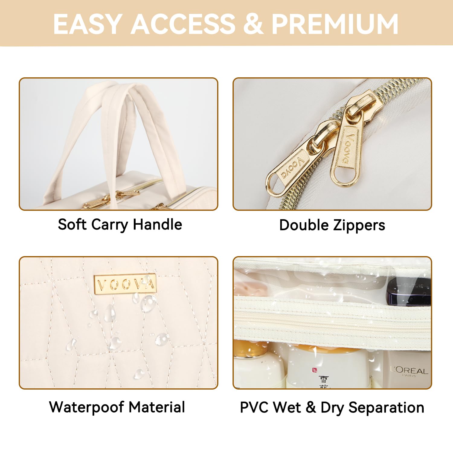Voova Hanging Travel Toiletry Bag for Women & Men - Waterproof Cosmetic Organizer with Full-Sized Container & Brush Set - Perfect for Shampoo, Makeup & Travel Essentials (Beige) - Ideal for Camping, Gym & Business Trips