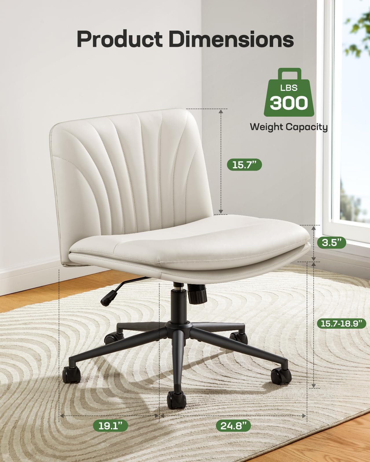 Marsail Armless Office Desk Chair with Wheels - PU Leather Cross Legged Wide Chair, Adjustable Swivel Computer Task Chair for Home & Office, Light Beige | Perfect for Small Spaces, Bedrooms & Makeup Areas