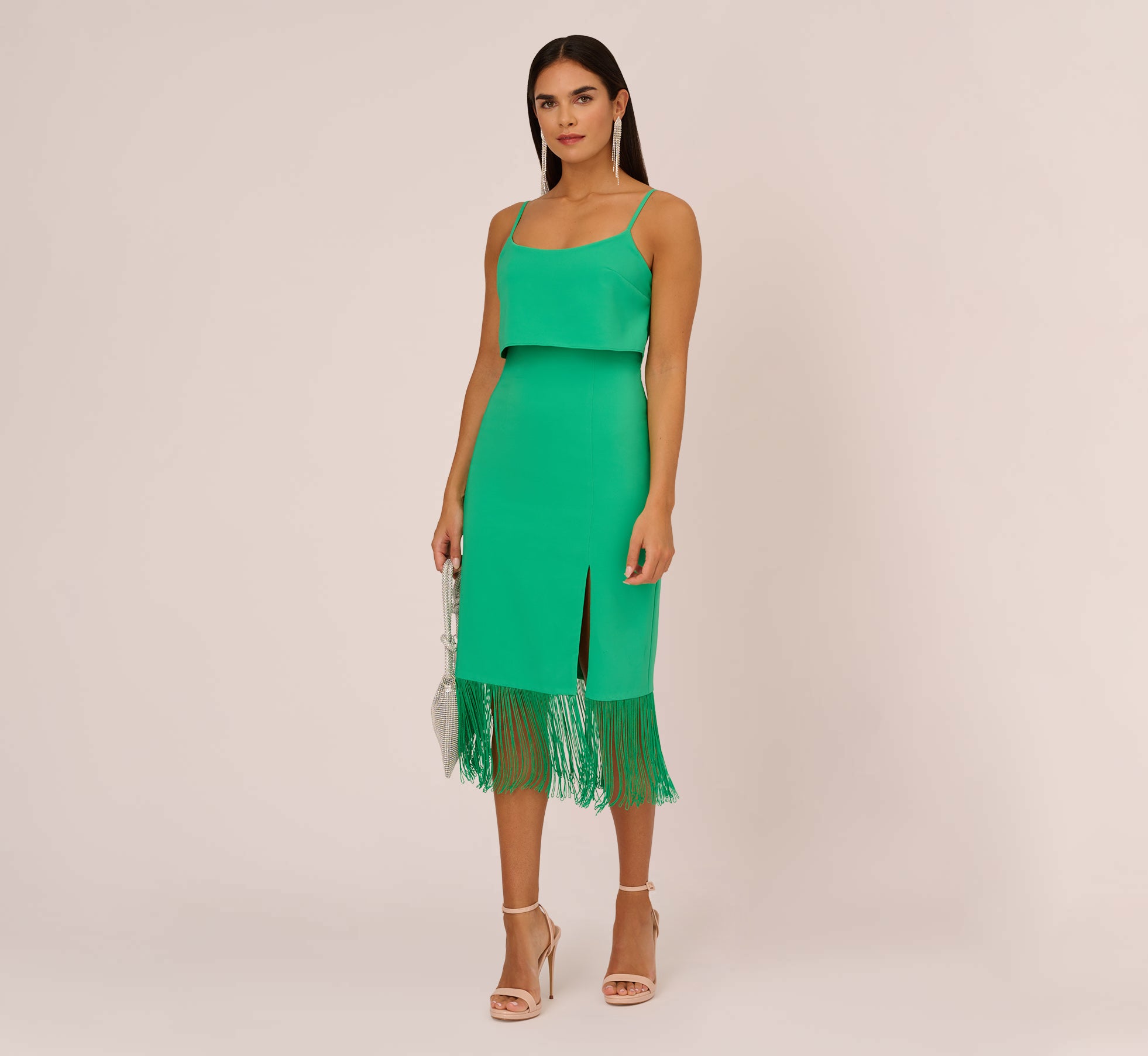 Stretch Crepe Popover Midi Dress with Fringe Hem in Summer Green | Flowy Boho Summer Dress for Beach Vacations, Date Nights & Outdoor Parties