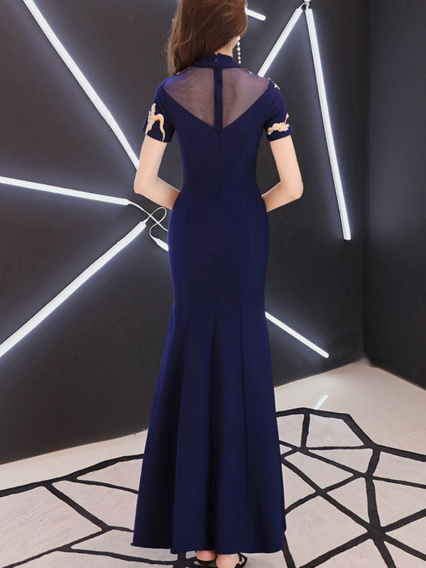 Elegant Pink and Blue Phoenix Split Front Fishtail Qipao Cheongsam Dress for Women | Traditional Chinese Evening Gown | Perfect for Weddings, Parties, and Special Occasions