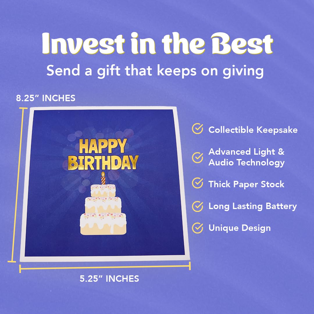 100 LED Light & Music Greeting Birthday Cards - Pop Up Happy Birthday Card for Mom, Son, Women & Men (White Cake Design) - Perfect for Birthday Parties, Gift Giving & Special Celebrations
