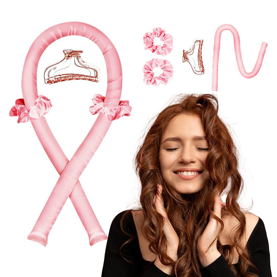 Heatless Curling Rod Headband for Overnight Curls - No Heat Silk Ribbon Hair Roller with Claw Clip - DIY Hair Styling Tool for Women & Girls (Pink) - Perfect for Sleep, Travel & Damage-Free Curls